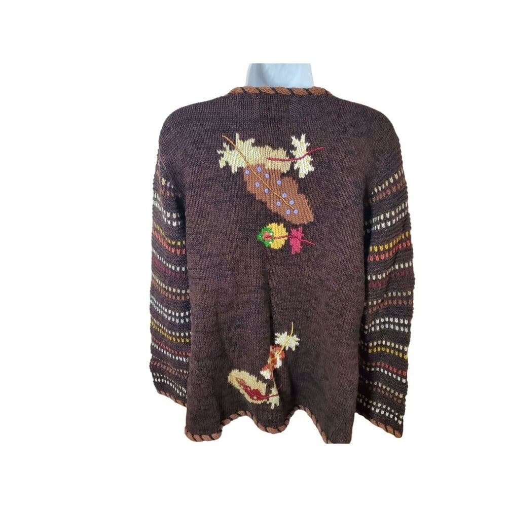 Vintage Hand-Knit Storybook Knits Cardigan Sweater Brown Multicolor Toggle Closu - Thumbnail 3