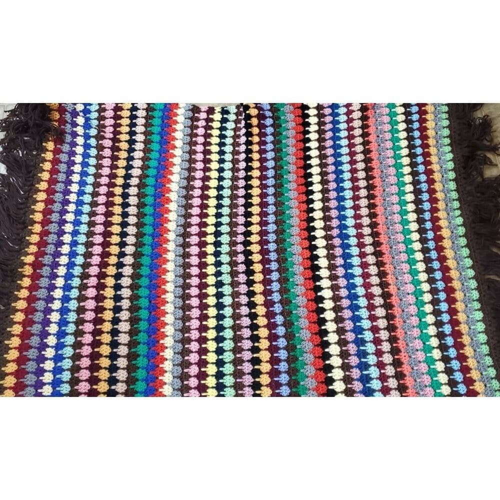 Vintage Multicolor Crochet Afghan Blanket With Fringe - Thumbnail 4