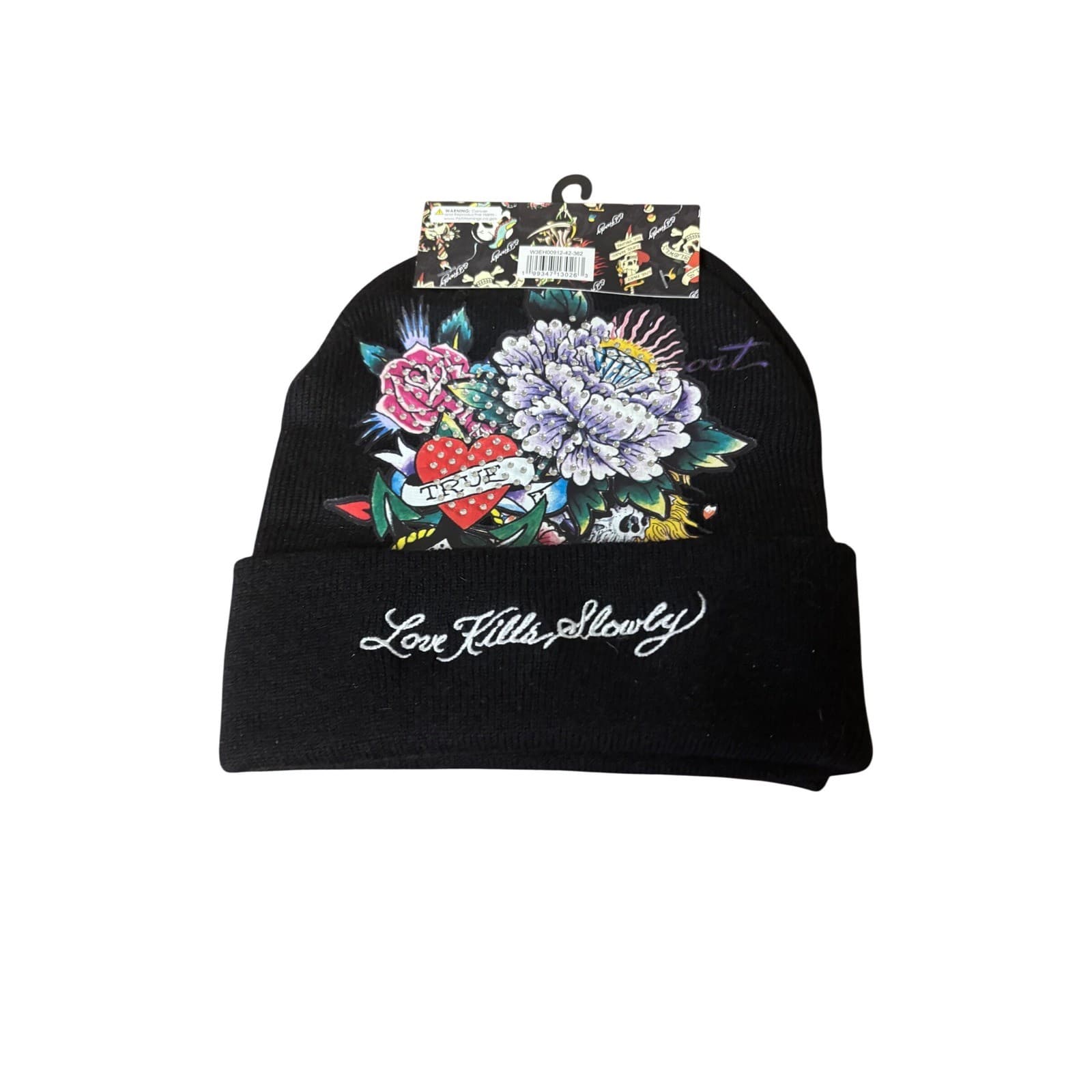Ed Hardy 2 Pack Beanie Hats Black Love Kills Slowly Skull Rose Rhinestone NWT - Thumbnail 3
