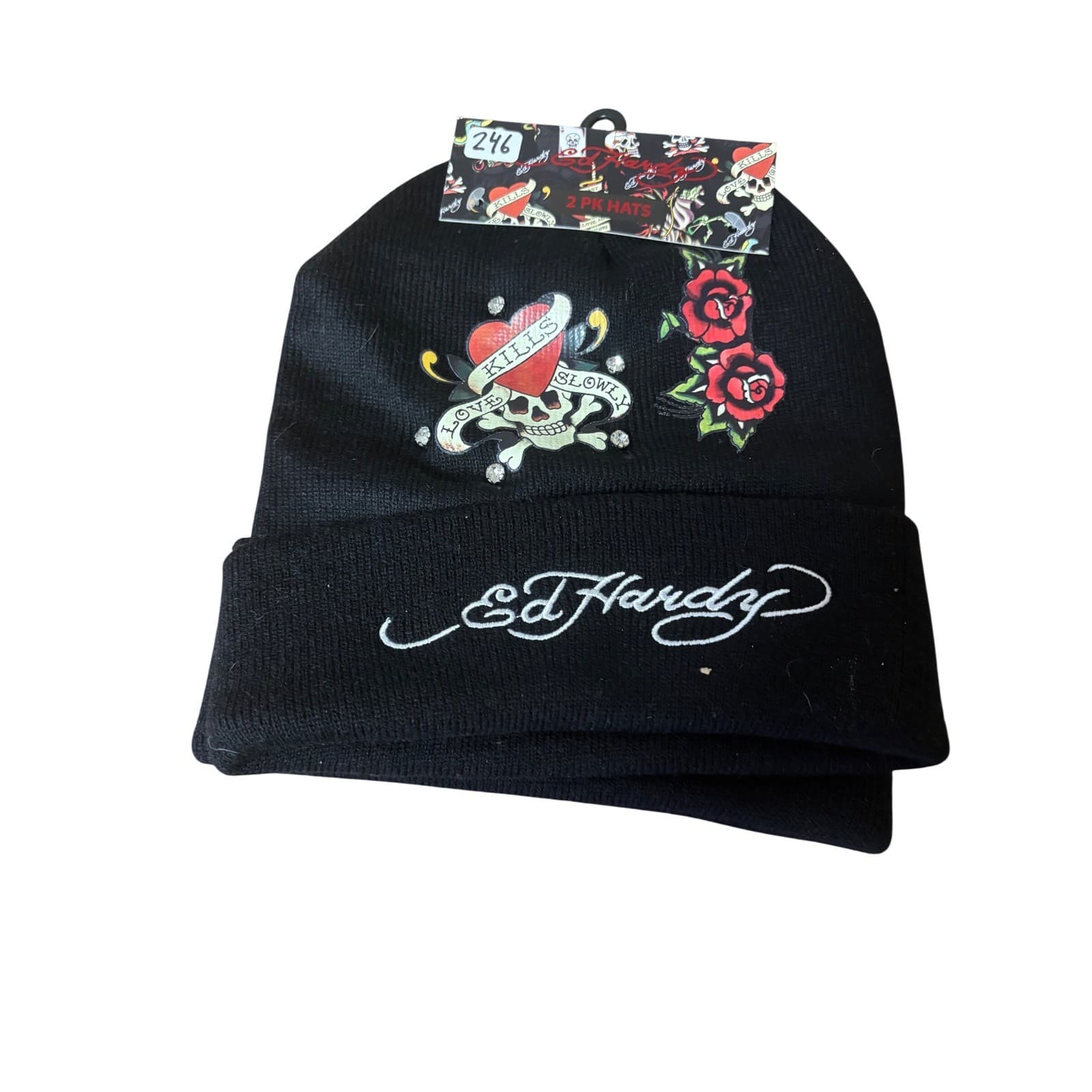 Ed Hardy 2 Pack Beanie Hats Black Love Kills Slowly Skull Rose Rhinestone NWT - Thumbnail 2