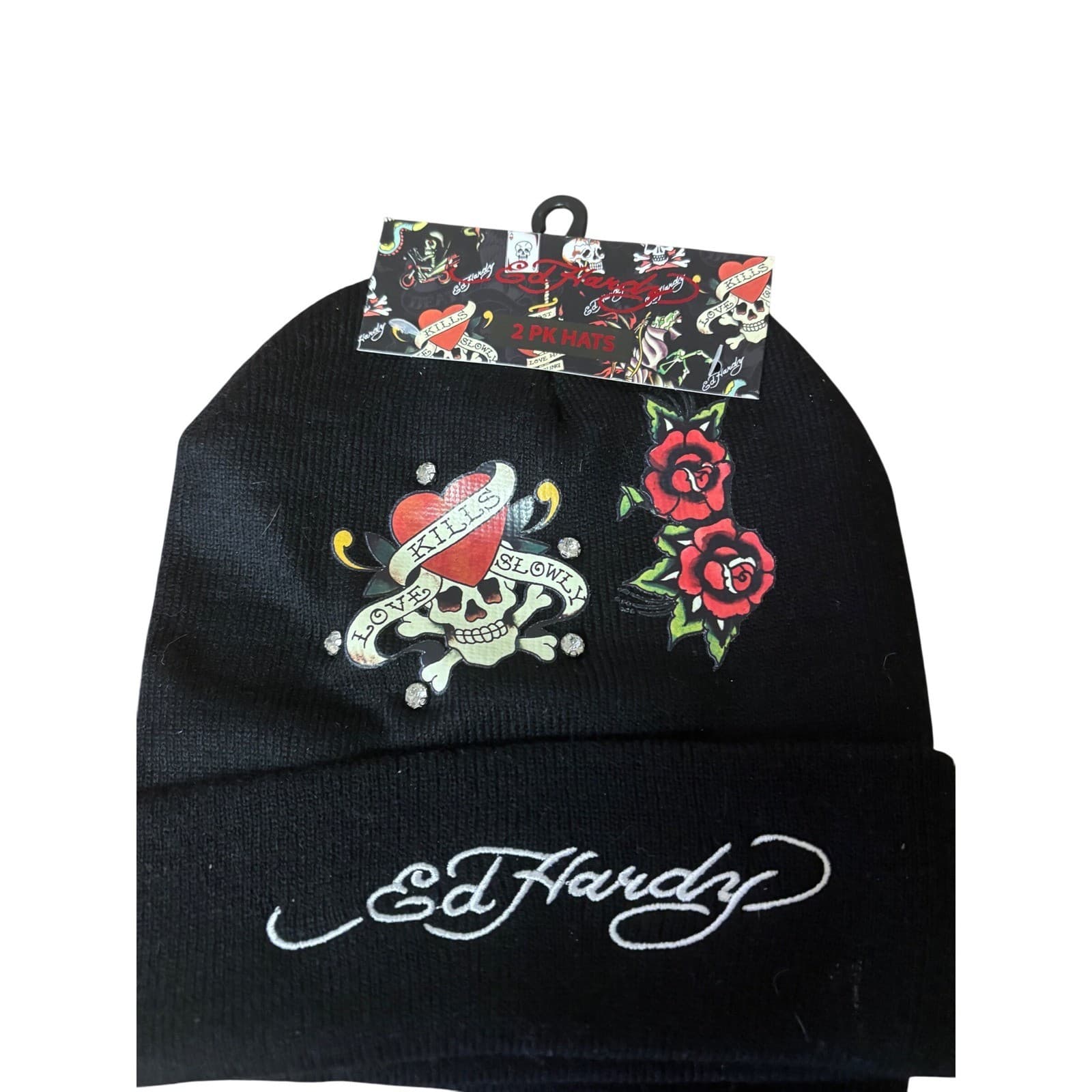 Ed Hardy 2 Pack Beanie Hats Black Love Kills Slowly Skull Rose Rhinestone NWT