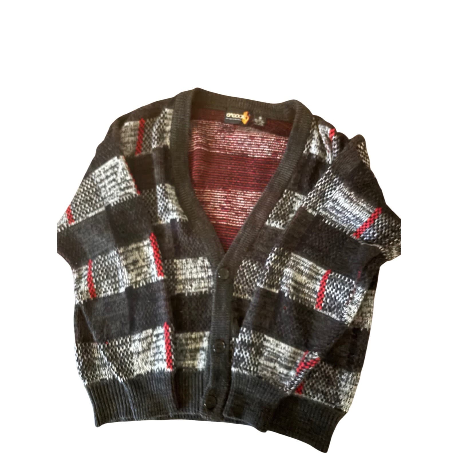Vintage Sasson Mens Cardigan Sweater Medium Black Gray Red Geometric Knit 80s 90
