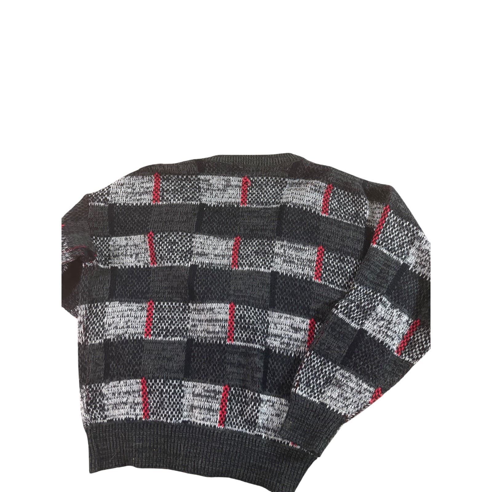 Vintage Sasson Mens Cardigan Sweater Medium Black Gray Red Geometric Knit 80s 90 - Thumbnail 3