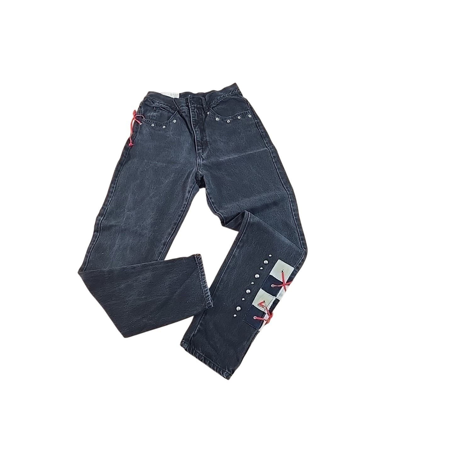 Tamorah Marie Black Wash Denim Jeans Custom Patchwork Lace Up Side Detail Y2K - Thumbnail 6