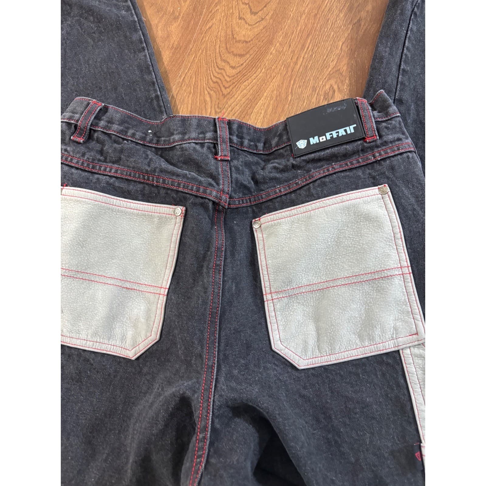 MOFFATT Mens Black Washed Denim Jeans Red Stitching Leather Pocket Detail - Thumbnail 2