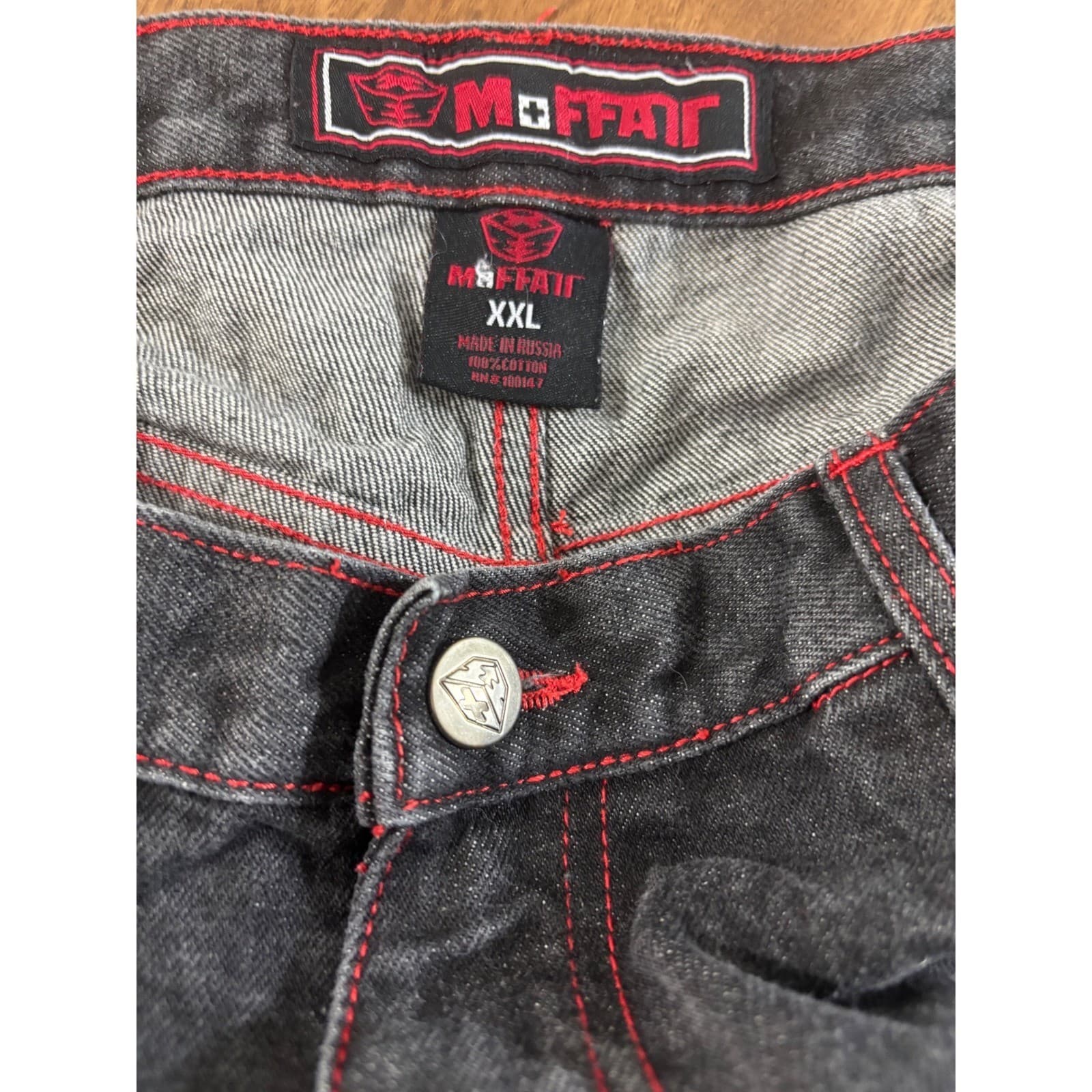 MOFFATT Mens Black Washed Denim Jeans Red Stitching Leather Pocket Detail - Thumbnail 4