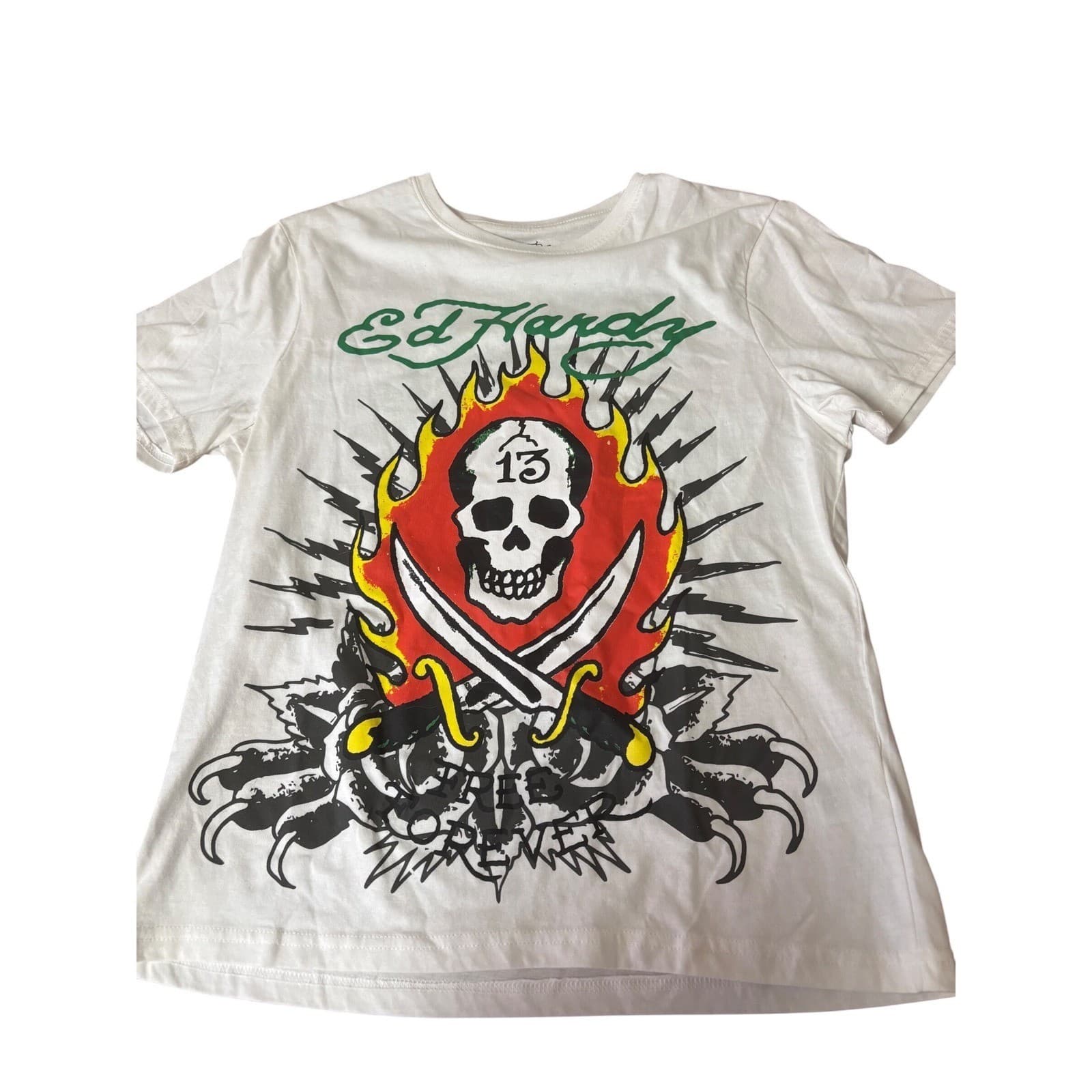 Ed Hardy Mens Skull 13 Flaming Dagger Graphic T-Shirt White L EHMB1100-37 NWT - Thumbnail 2