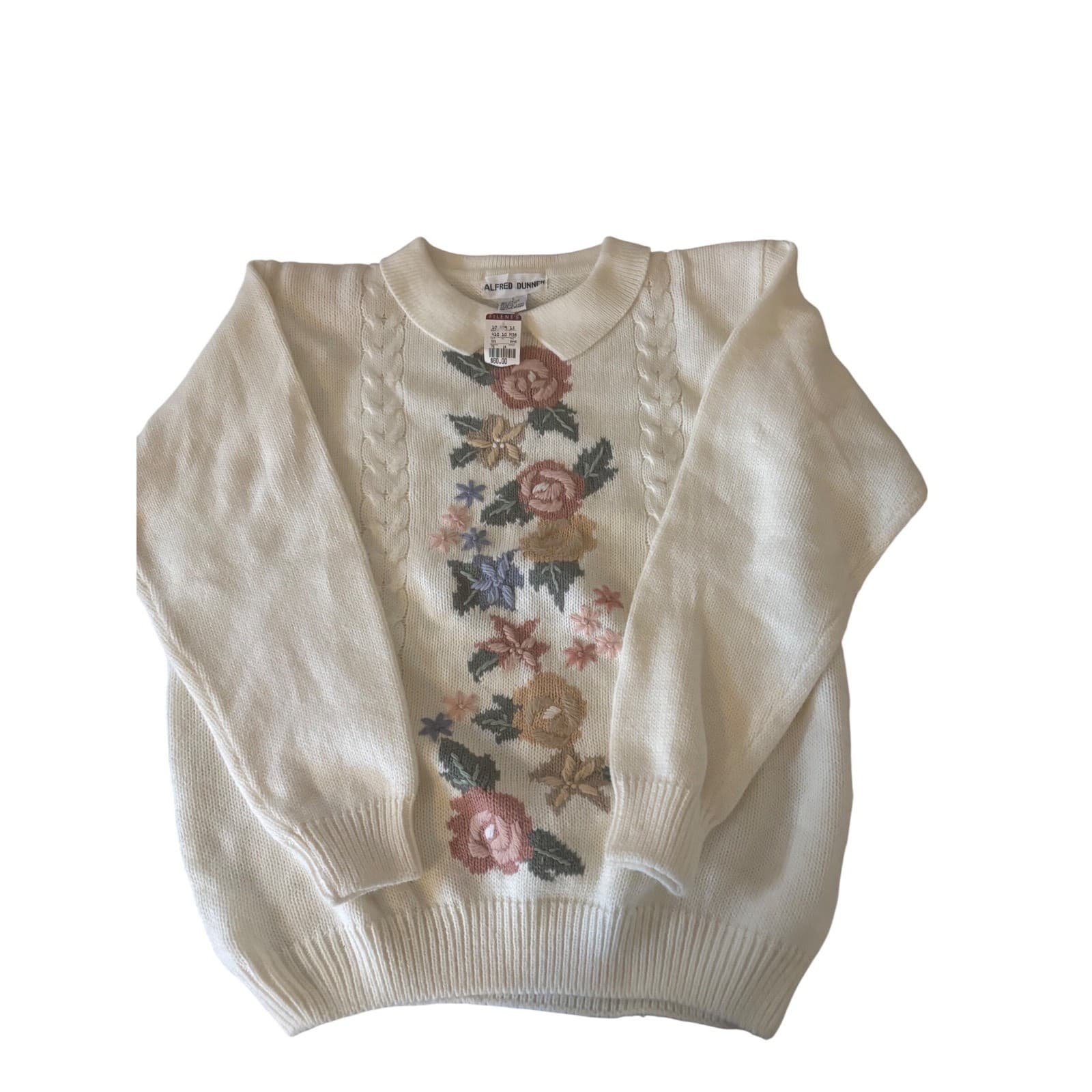 Alfred Dunner Womens Cream Floral Embroidered Cable Knit Sweater Polo Collar L