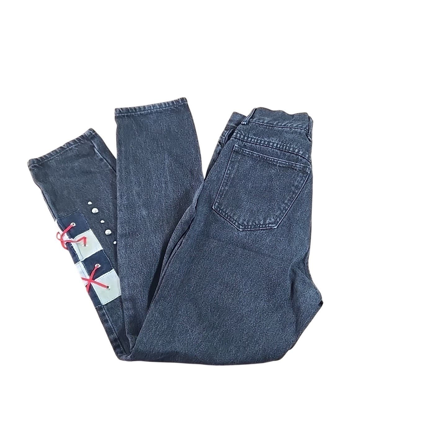 Tamorah Marie Black Wash Denim Jeans Custom Patchwork Lace Up Side Detail Y2K