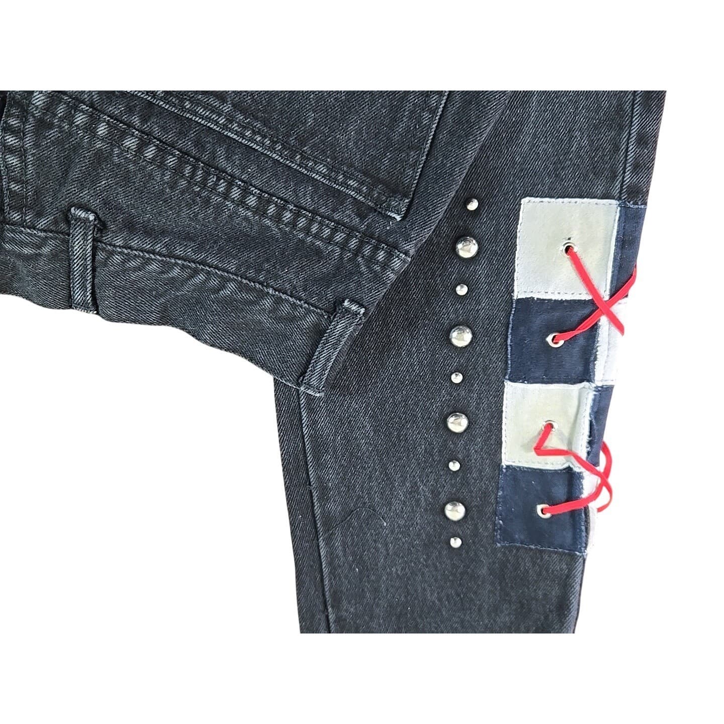 Tamorah Marie Black Wash Denim Jeans Custom Patchwork Lace Up Side Detail Y2K - Thumbnail 3