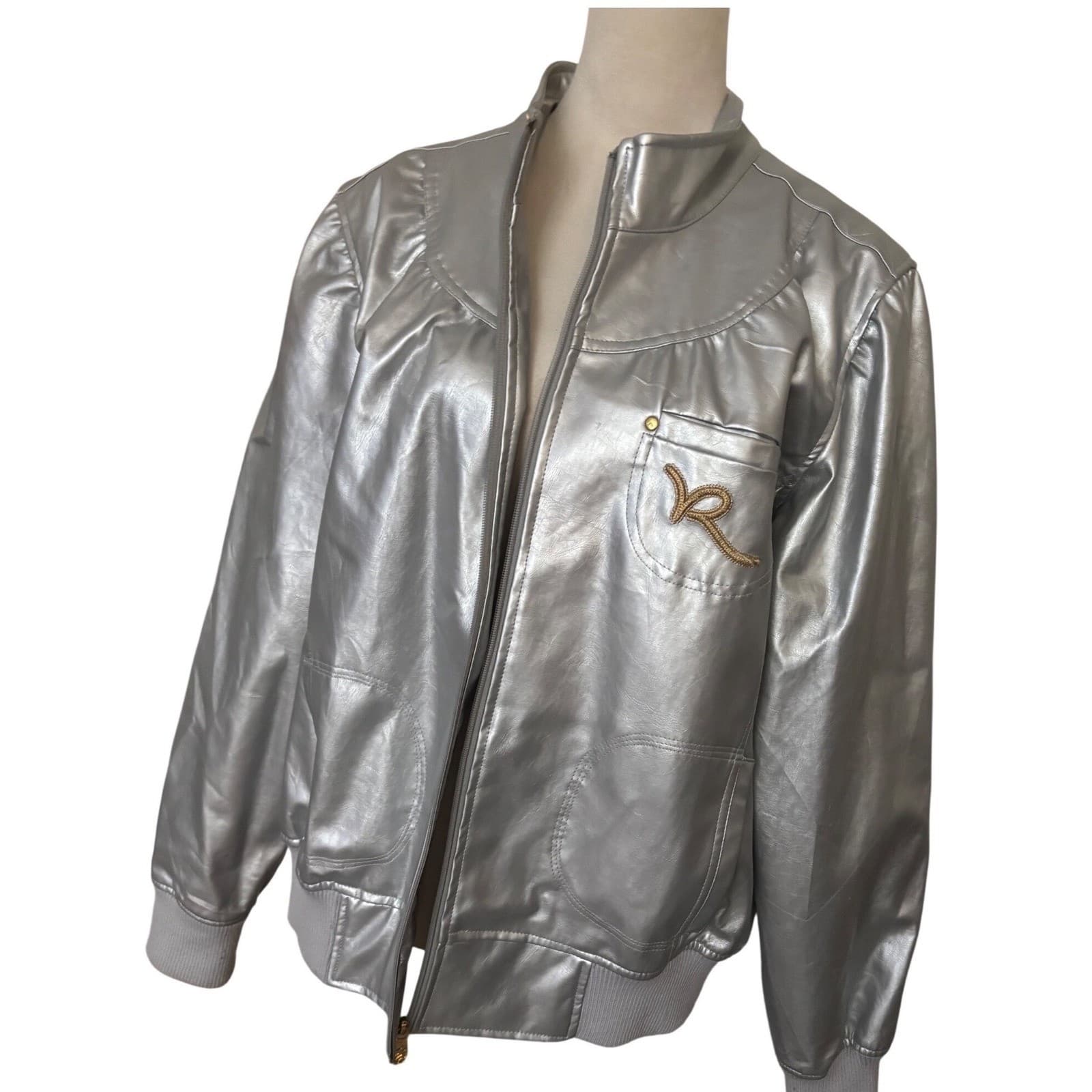 Rocawear Mens Metallic Silver Faux Leather Bomber Jacket Gold Logo 2X Streetwear - Thumbnail 2