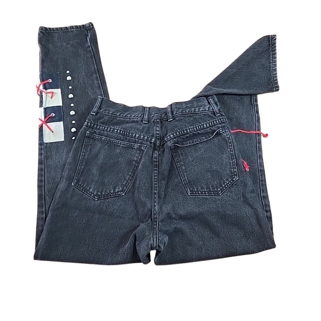 Tamorah Marie Black Wash Denim Jeans Custom Patchwork Lace Up Side Detail Y2K - Thumbnail 4