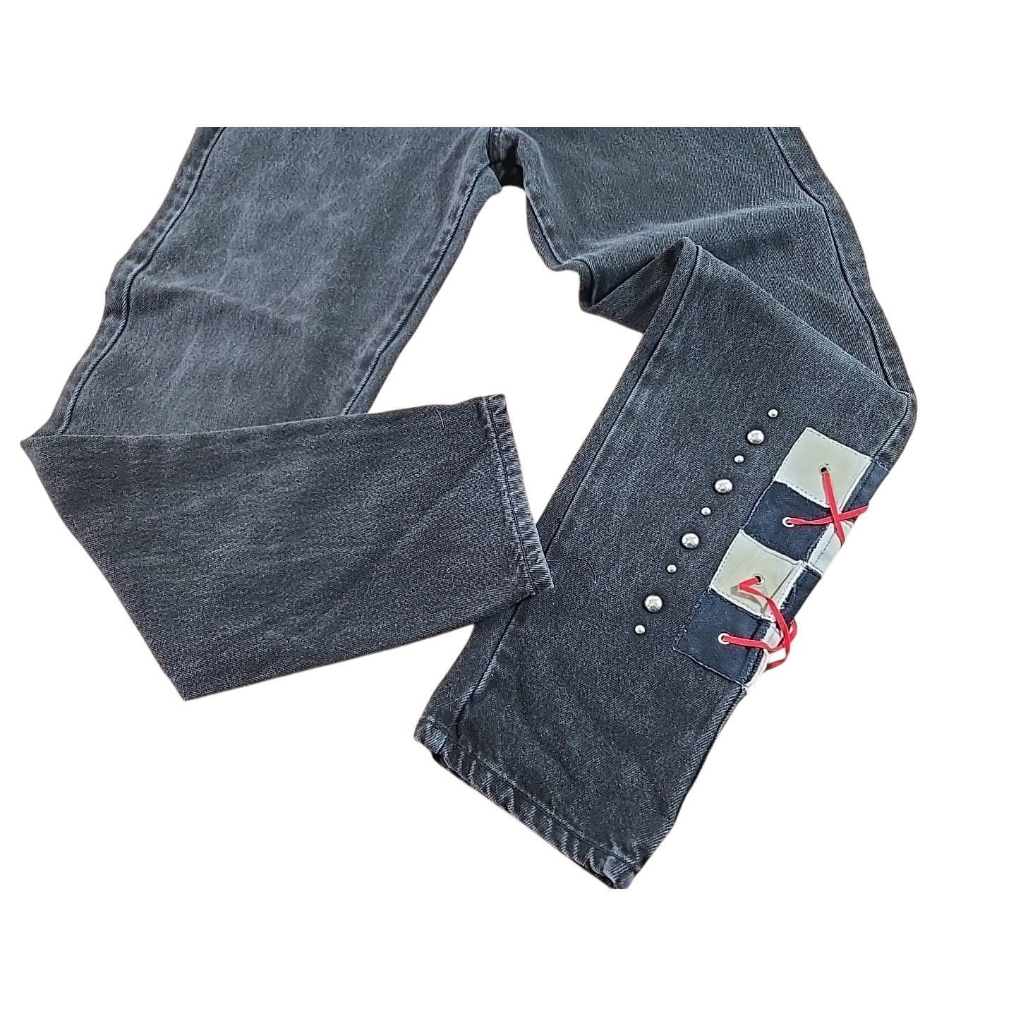 Tamorah Marie Black Wash Denim Jeans Custom Patchwork Lace Up Side Detail Y2K - Thumbnail 5