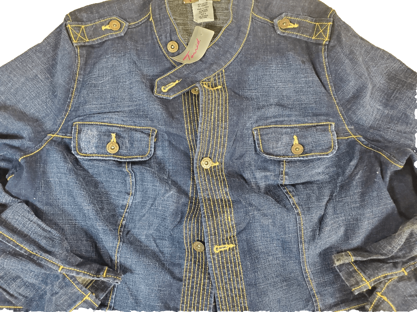 Paris Blues Womens Size 3 Dark Wash Denim Jacket Tagged Torrid Gold Stitching - Thumbnail 2