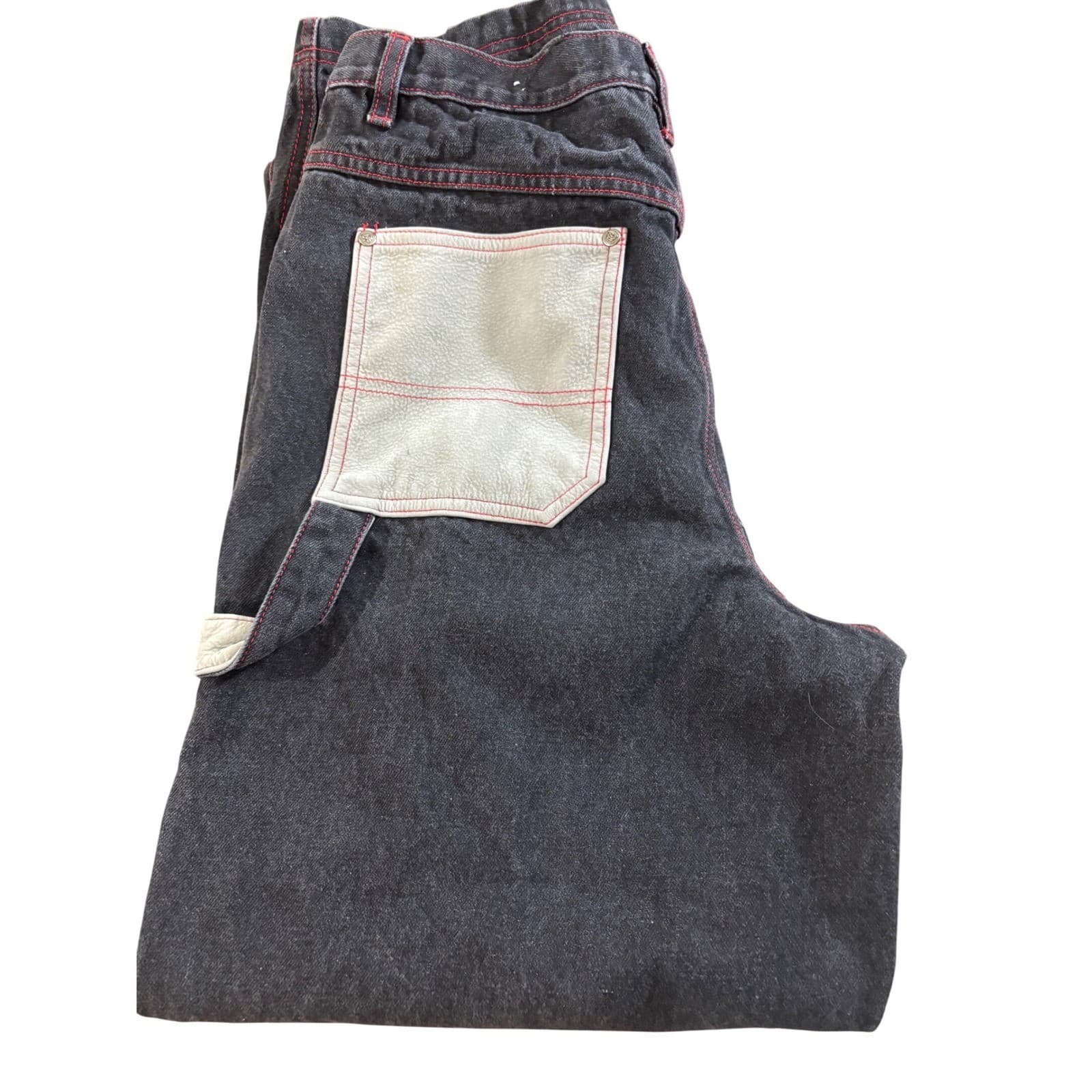 MOFFATT Mens Black Washed Denim Jeans Red Stitching Leather Pocket Detail - Thumbnail 3
