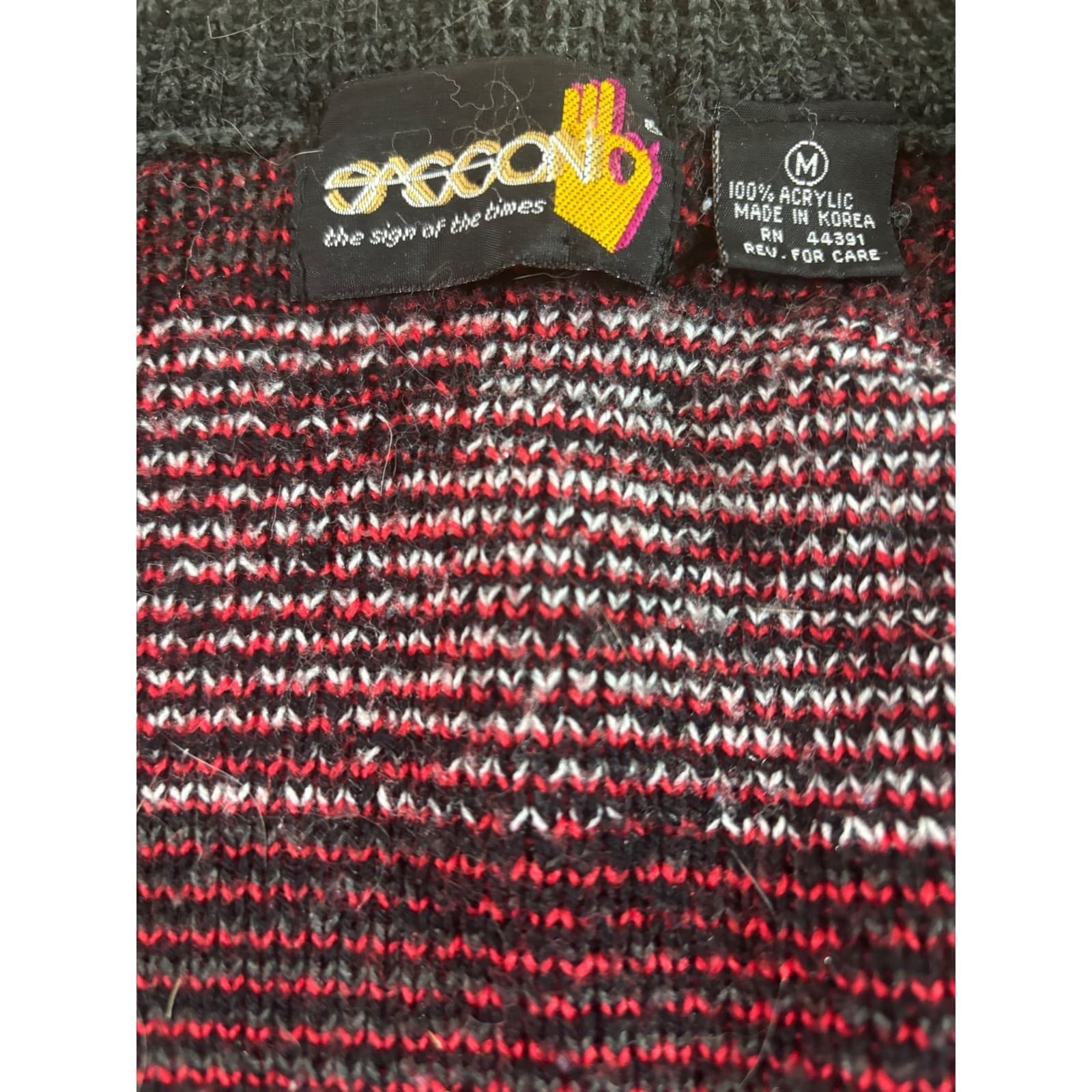 Vintage Sasson Mens Cardigan Sweater Medium Black Gray Red Geometric Knit 80s 90 - Thumbnail 2