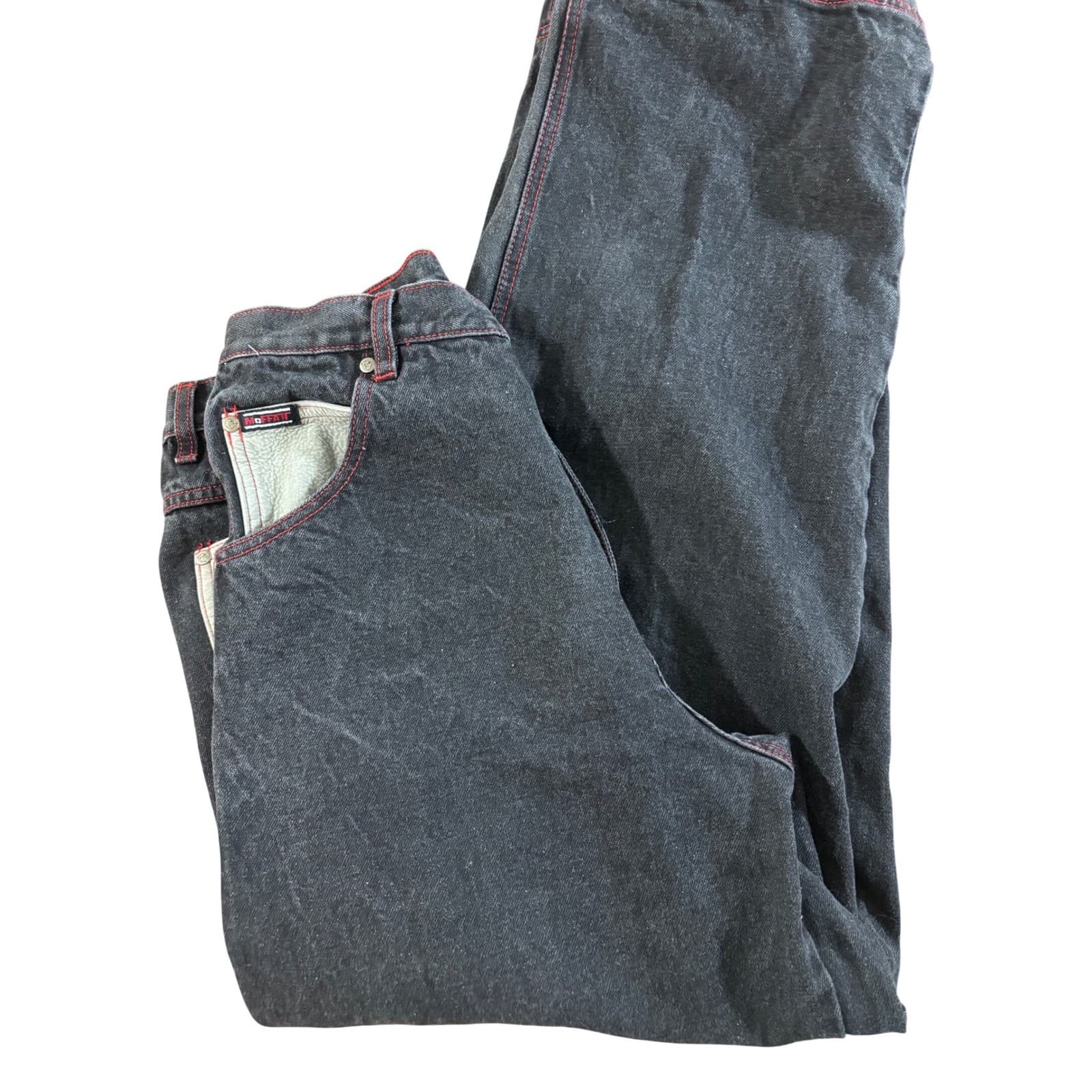 MOFFATT Mens Black Washed Denim Jeans Red Stitching Leather Pocket Detail