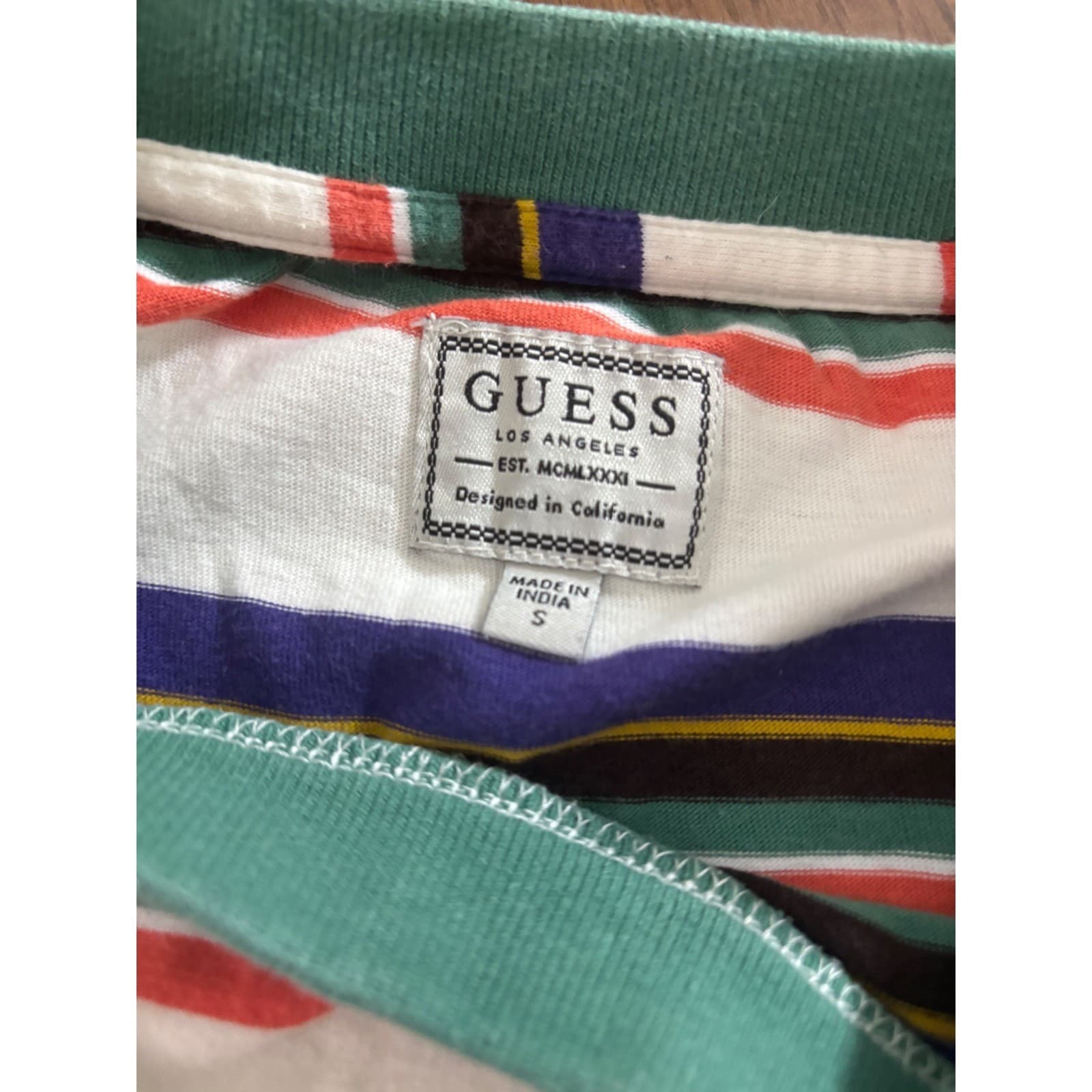 Guess Los Angeles Mens Striped T-Shirt Green Orange Purple Multi Color Small - Thumbnail 3