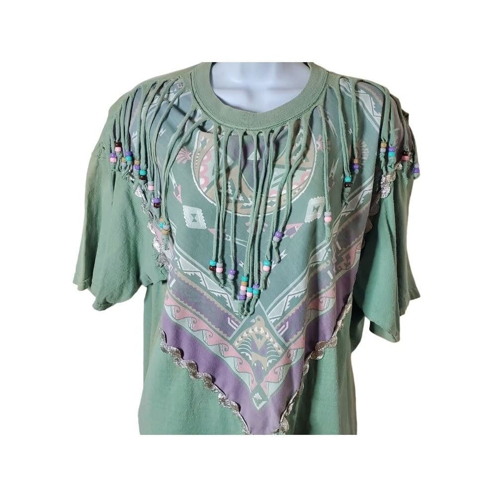 Vintage 90s Sturdy Tees By Lee Fringe Beaded Southwestern Graphic T-Shirt L - Thumbnail 2
