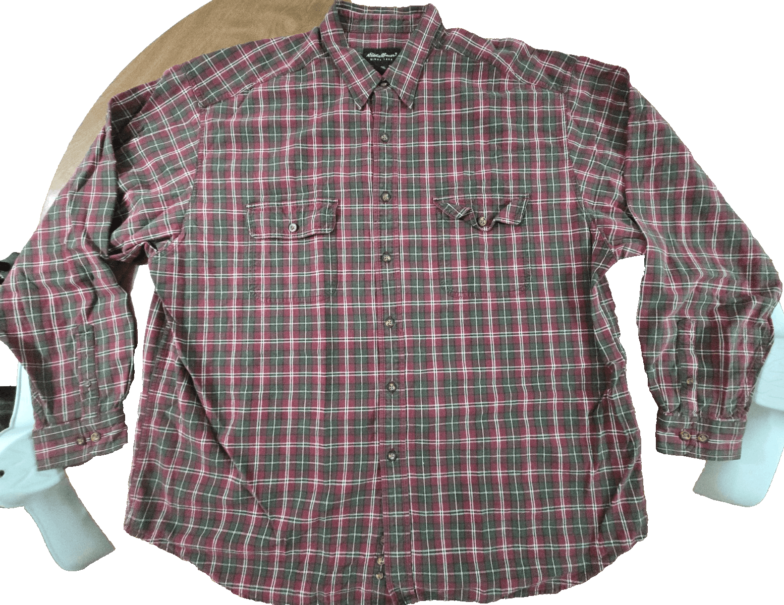 Eddie Bauer Shirt Men's 2XL Green Red Plaid Vintage Button Pockets Flannel XXL - Thumbnail 3