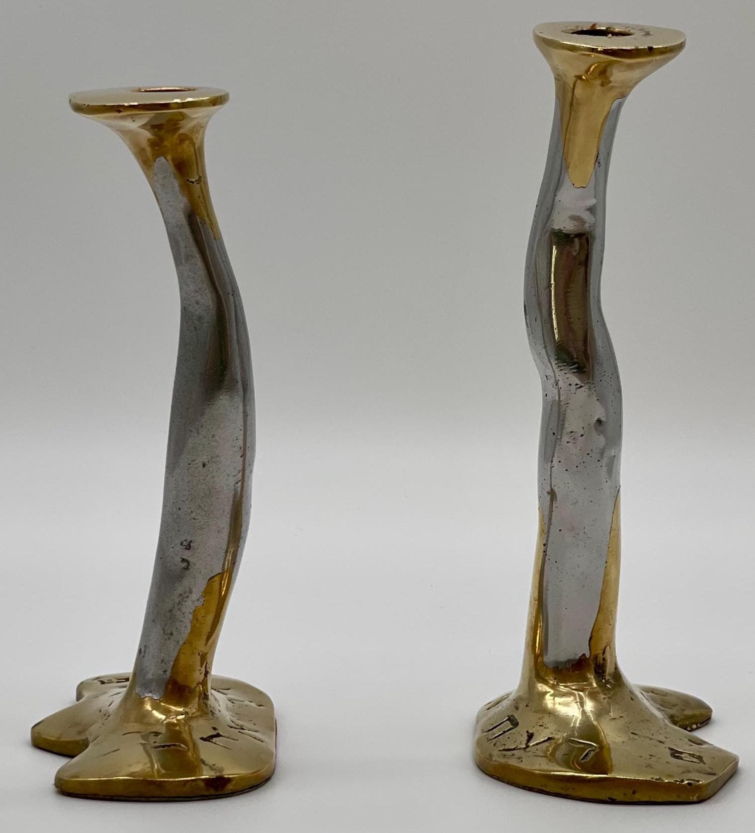 David Marshall Brutalist Candlesticks, Spanish Cast Solid Brass & Aluminum Pair - Thumbnail 7