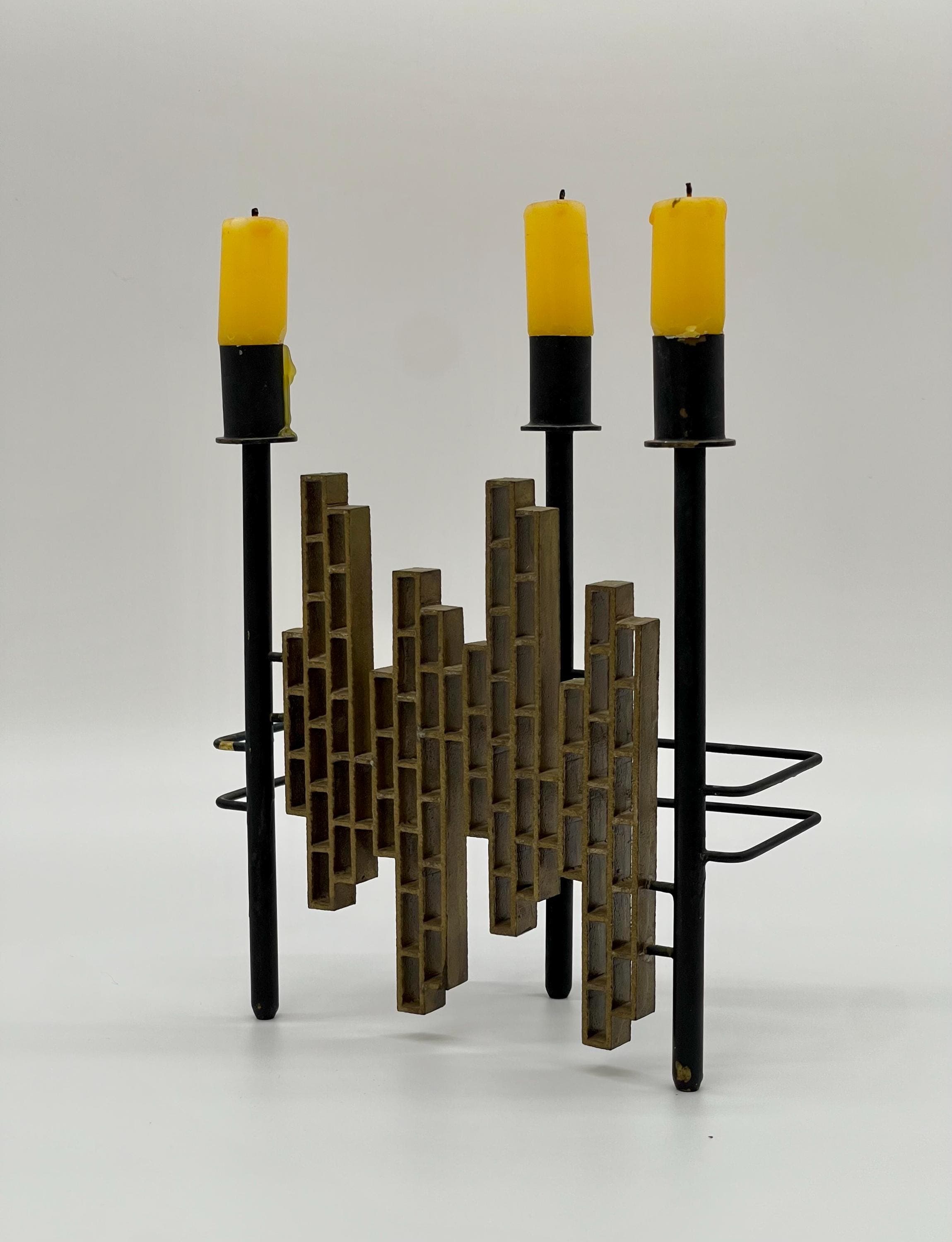 Vintage 1970s Spanish Brutalist Iron & Brass Grid Candelabra – Tiered Cityscape Design, 8.6" (22 cm) - Thumbnail 6