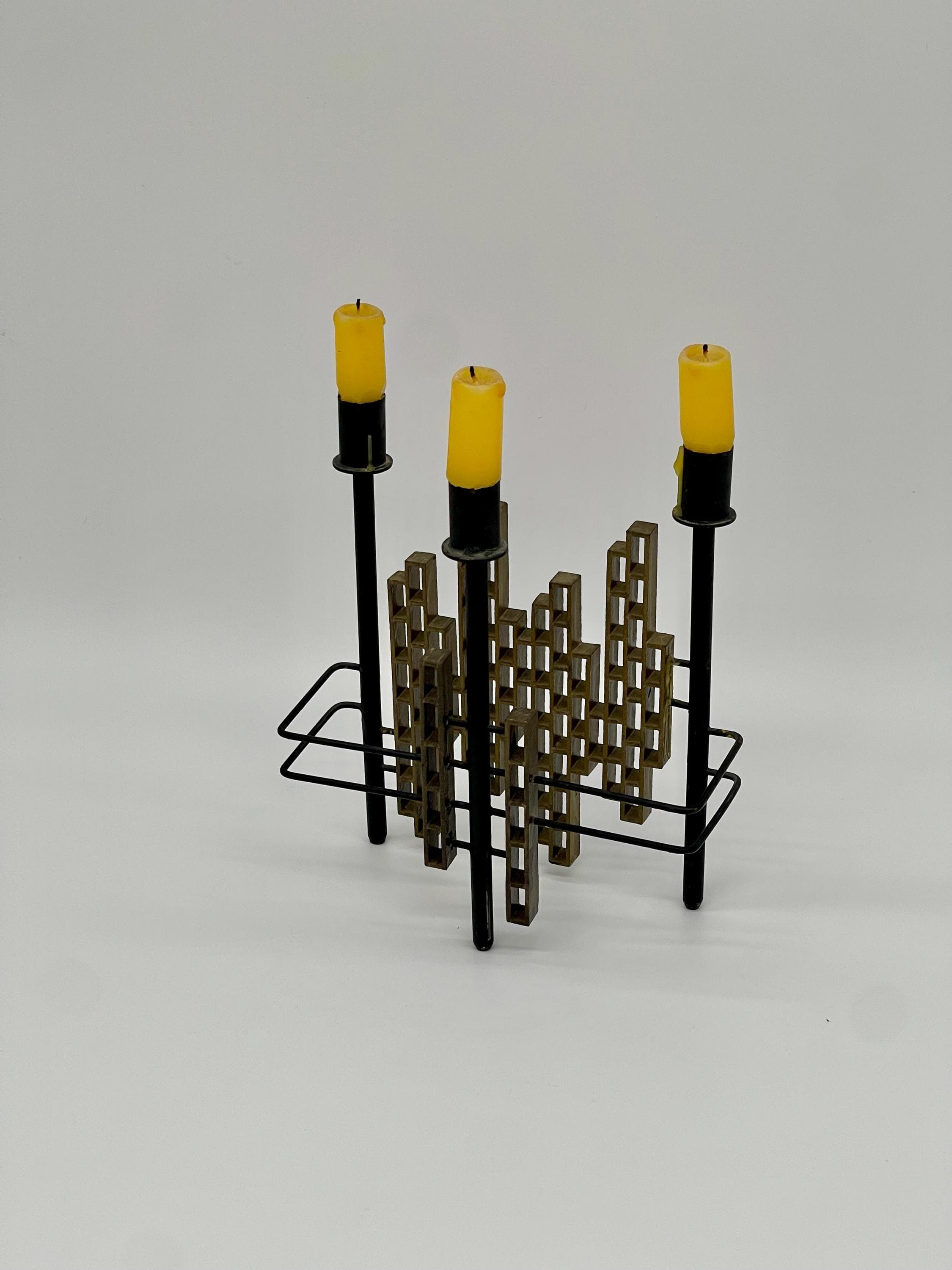Vintage 1970s Spanish Brutalist Iron & Brass Grid Candelabra – Tiered Cityscape Design, 8.6" (22 cm)