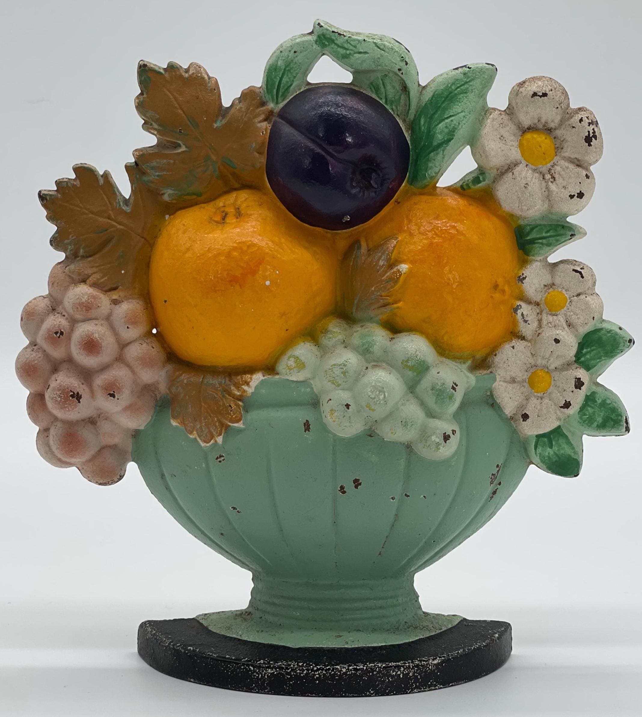 Antique Hubley Cast Iron Flower Basket Doorstop, Original Paint, 1930s Floral Fruit (6.9") - Thumbnail 2