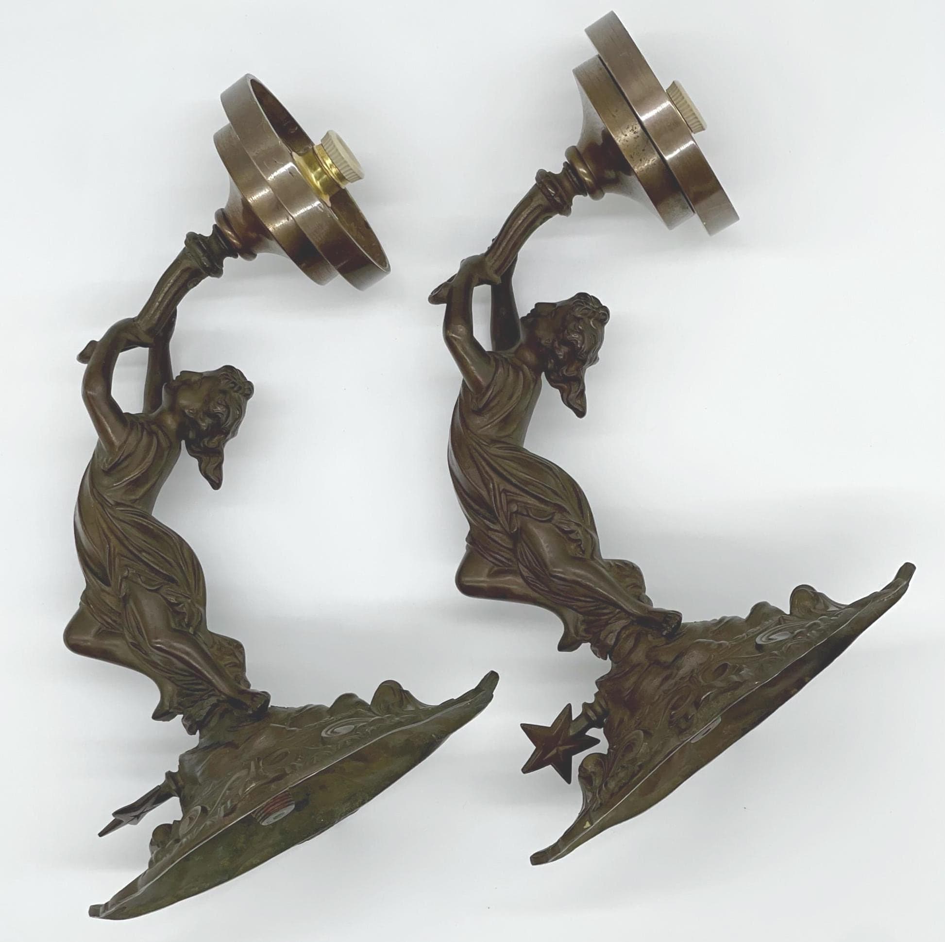 Antique Bronze Nymph Sconces, Neoclassical Wall Lights, Etched Glass Globes - Thumbnail 2