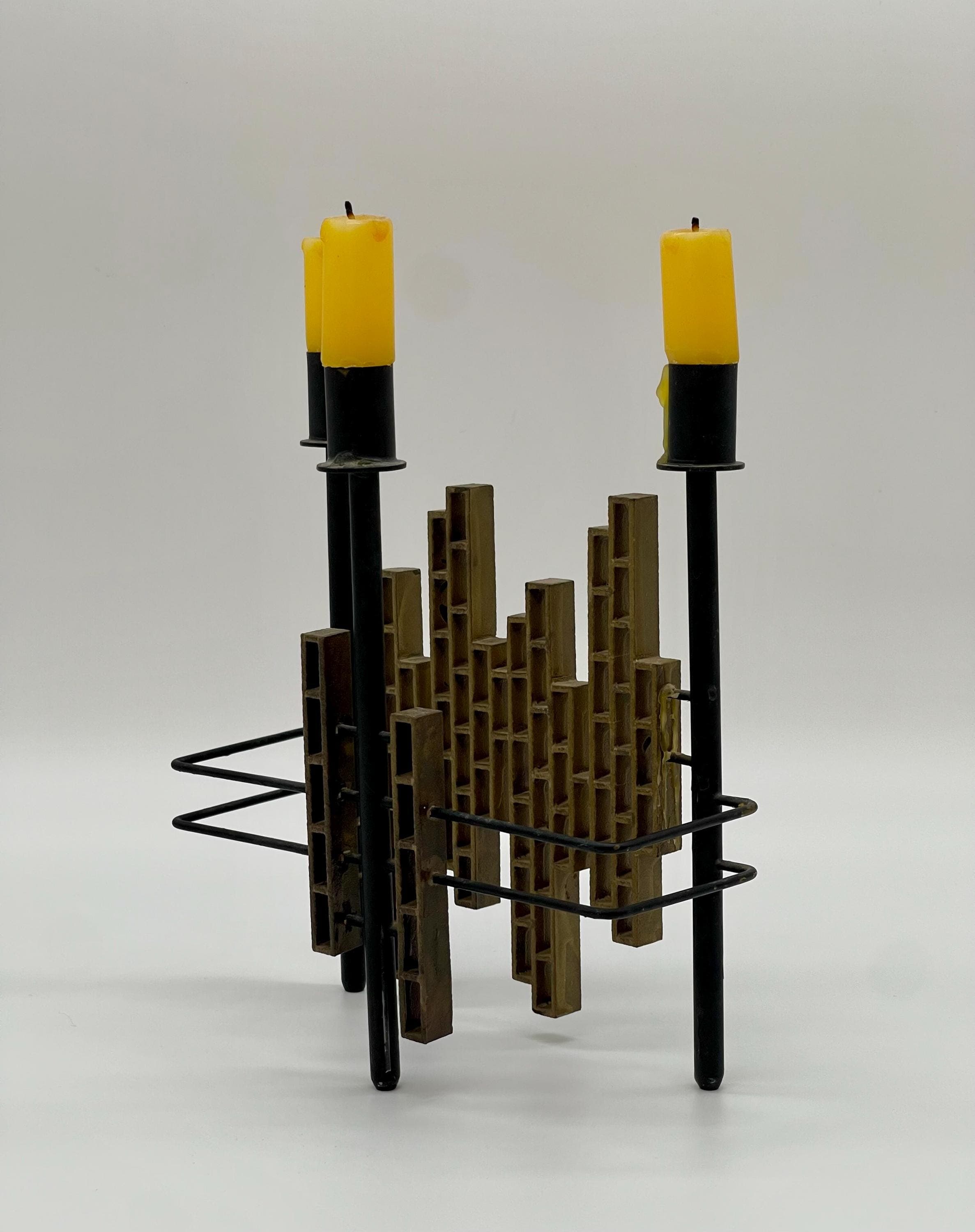 Vintage 1970s Spanish Brutalist Iron & Brass Grid Candelabra – Tiered Cityscape Design, 8.6" (22 cm) - Thumbnail 8