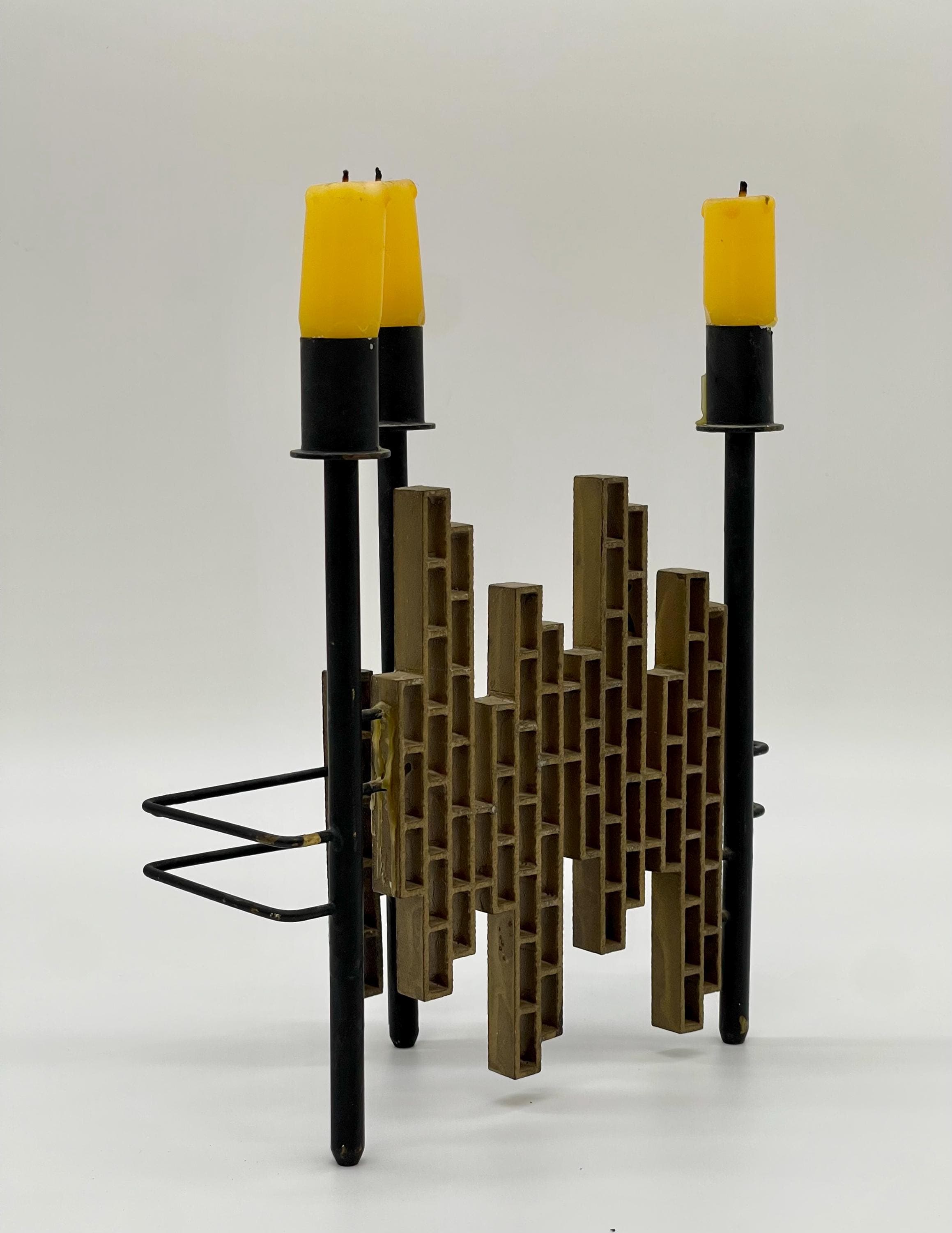 Vintage 1970s Spanish Brutalist Iron & Brass Grid Candelabra – Tiered Cityscape Design, 8.6" (22 cm) - Thumbnail 5