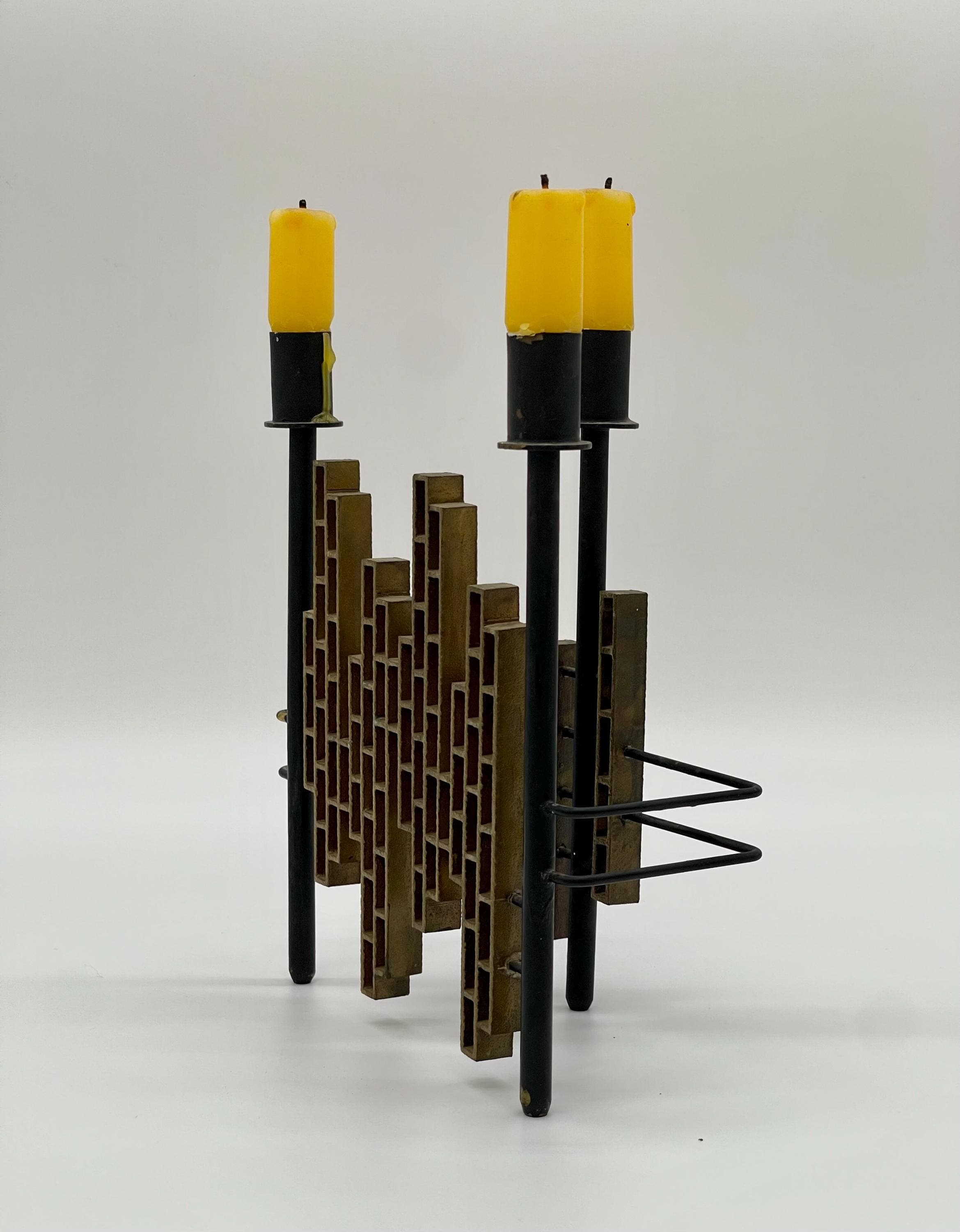 Vintage 1970s Spanish Brutalist Iron & Brass Grid Candelabra – Tiered Cityscape Design, 8.6" (22 cm) - Thumbnail 7