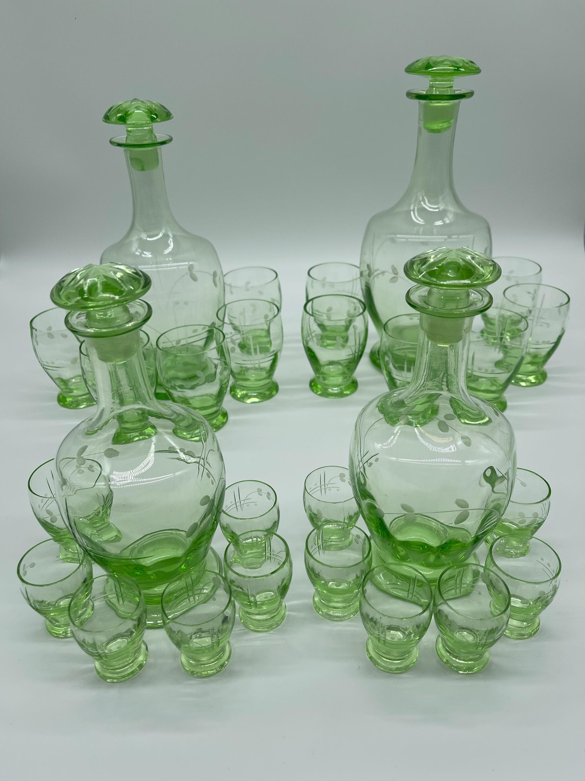 Antique Bohemian Vaseline Glass Decanter Set, Art Deco Liquor Glasses, UV Glowing Set - Thumbnail 2