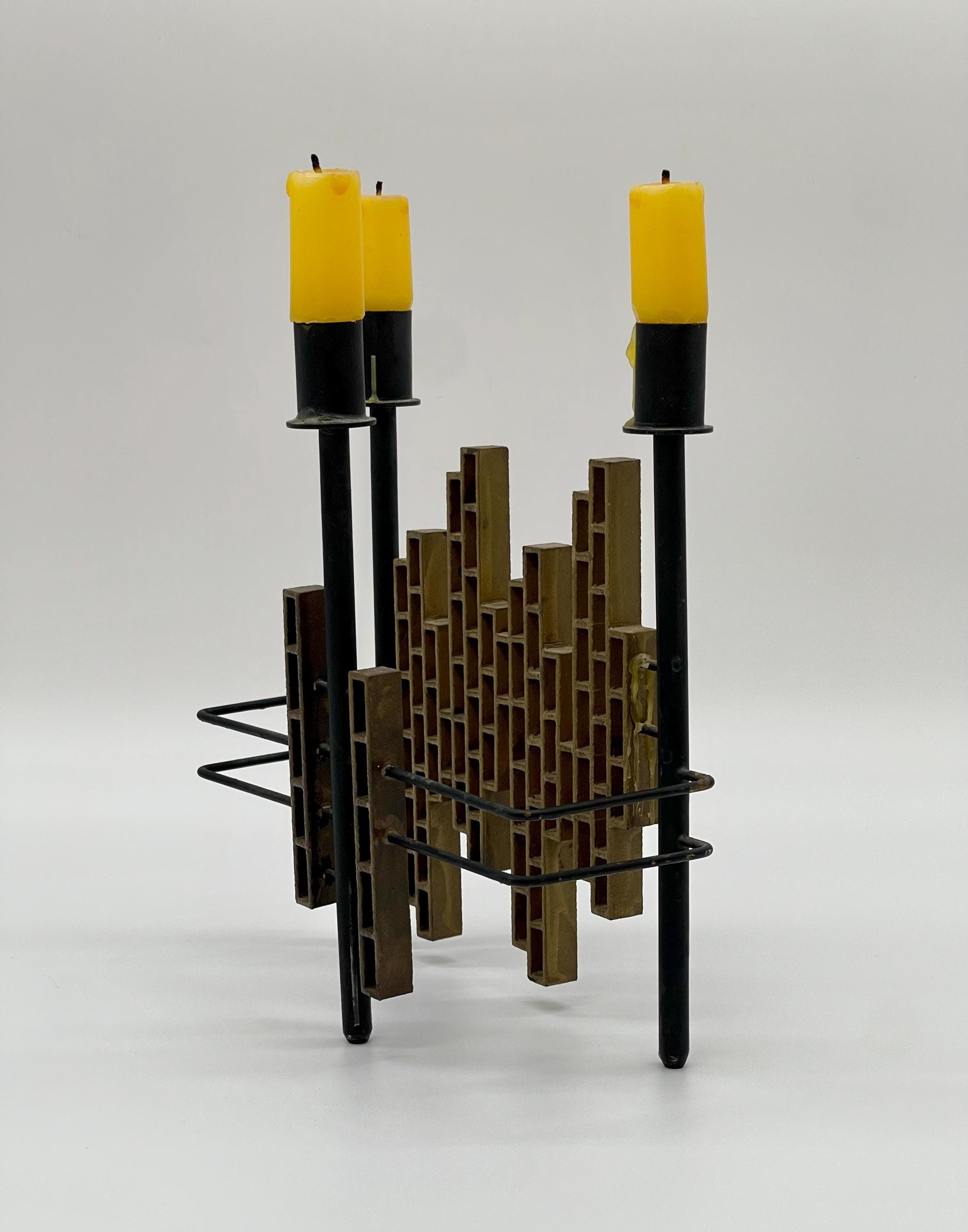 Vintage 1970s Spanish Brutalist Iron & Brass Grid Candelabra – Tiered Cityscape Design, 8.6" (22 cm) - Thumbnail 9