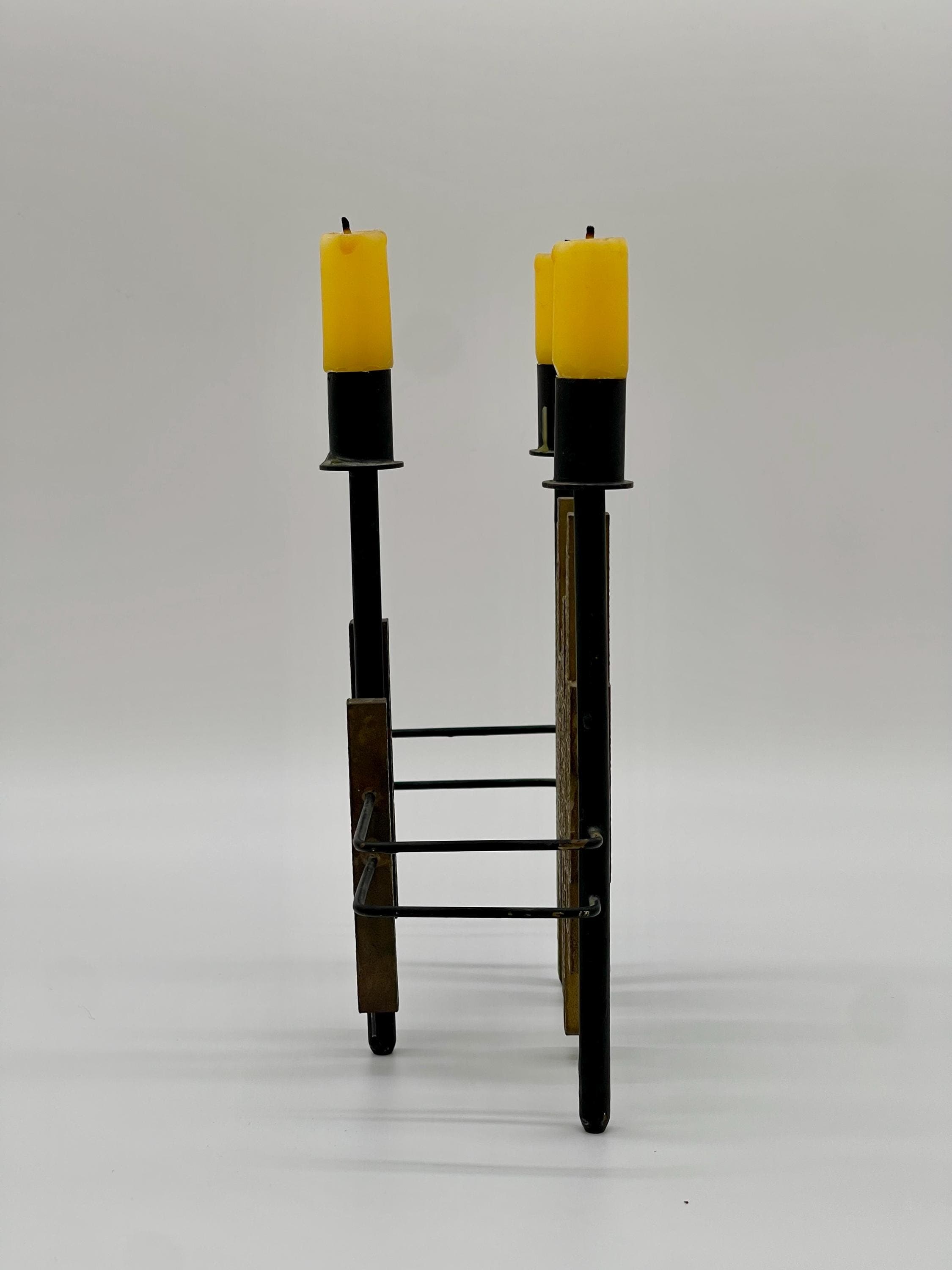 Vintage 1970s Spanish Brutalist Iron & Brass Grid Candelabra – Tiered Cityscape Design, 8.6" (22 cm) - Thumbnail 10