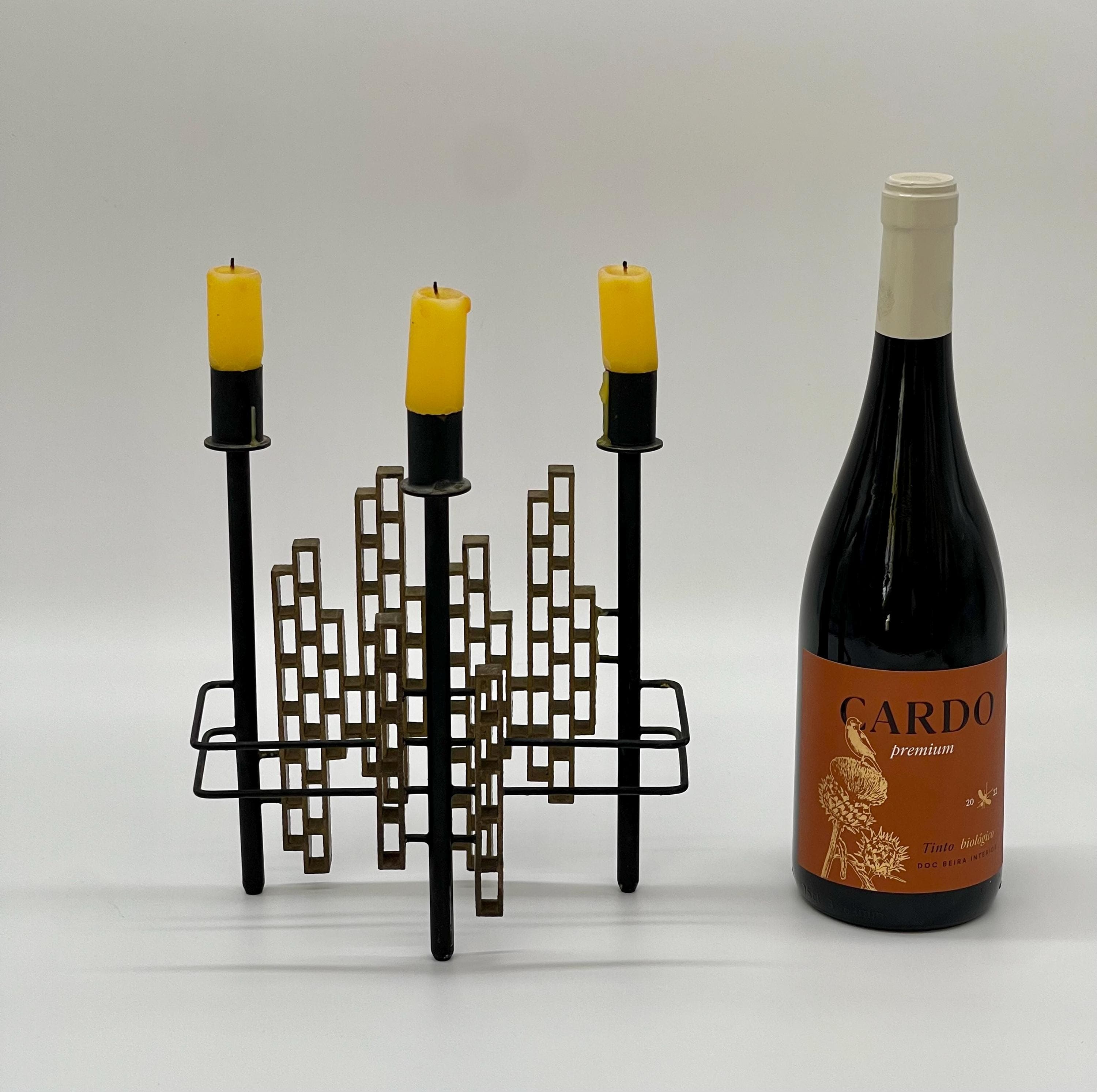 Vintage 1970s Spanish Brutalist Iron & Brass Grid Candelabra – Tiered Cityscape Design, 8.6" (22 cm) - Thumbnail 2