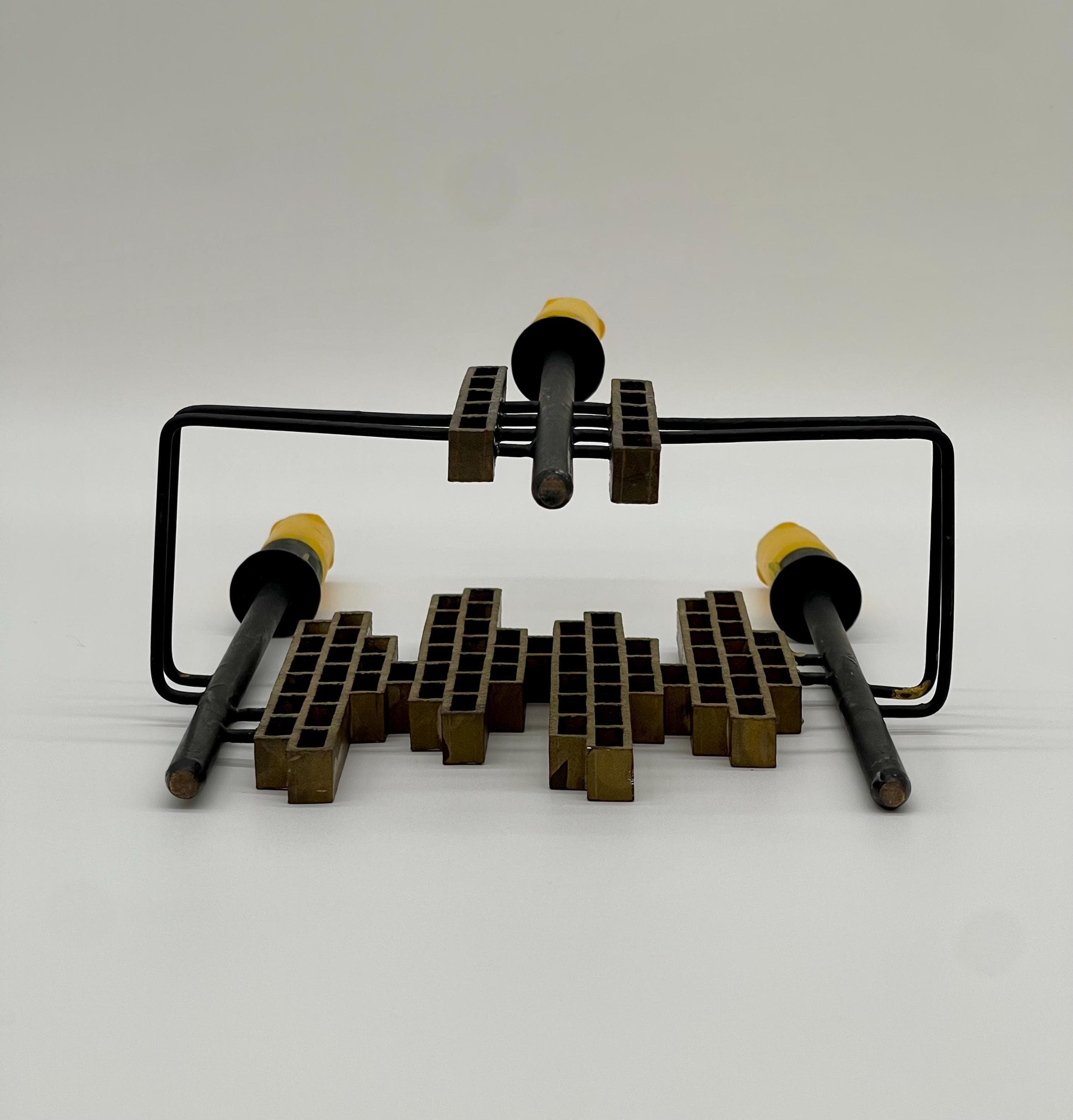 Vintage 1970s Spanish Brutalist Iron & Brass Grid Candelabra – Tiered Cityscape Design, 8.6" (22 cm) - Thumbnail 12