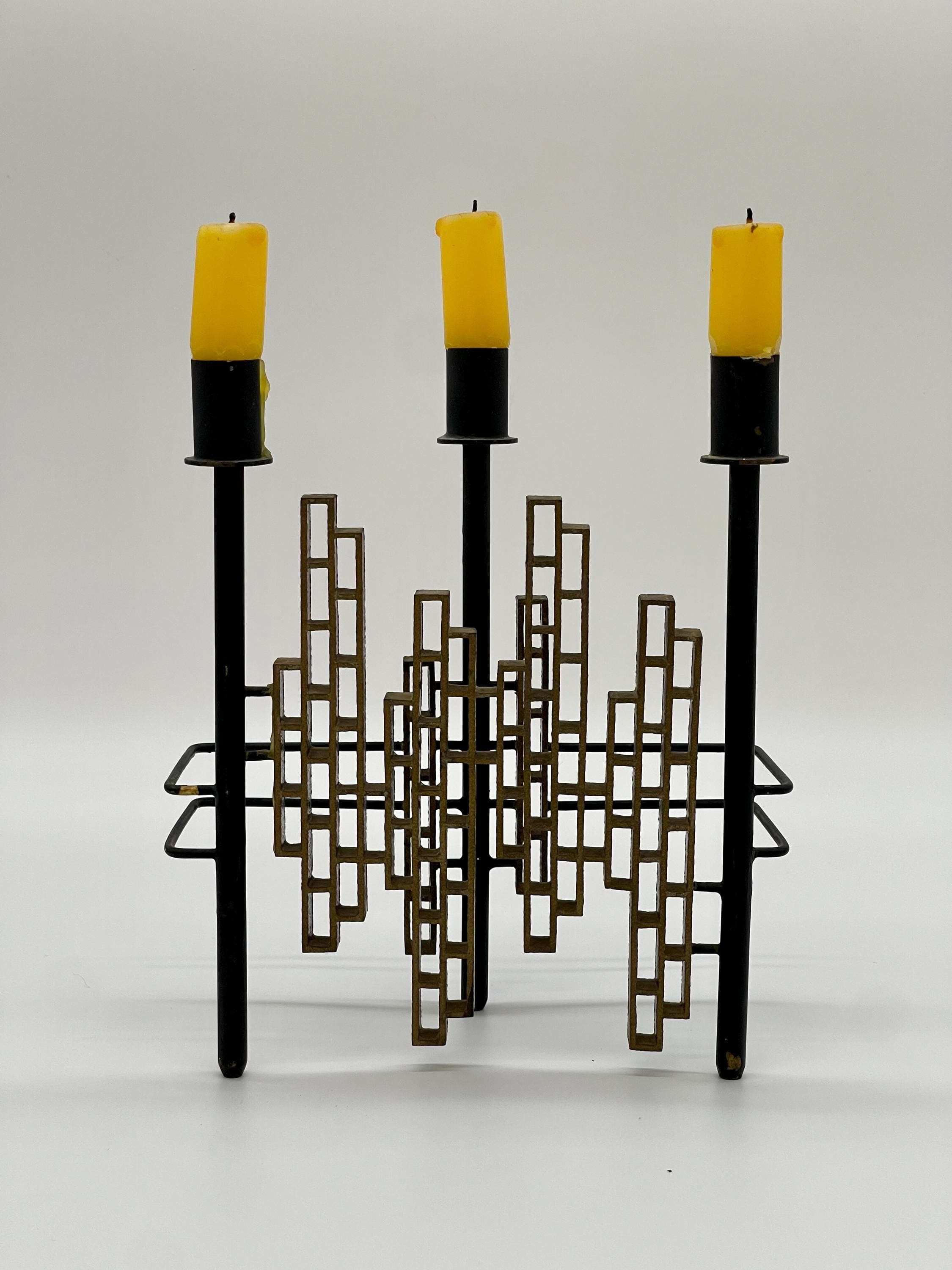 Vintage 1970s Spanish Brutalist Iron & Brass Grid Candelabra – Tiered Cityscape Design, 8.6" (22 cm) - Thumbnail 3