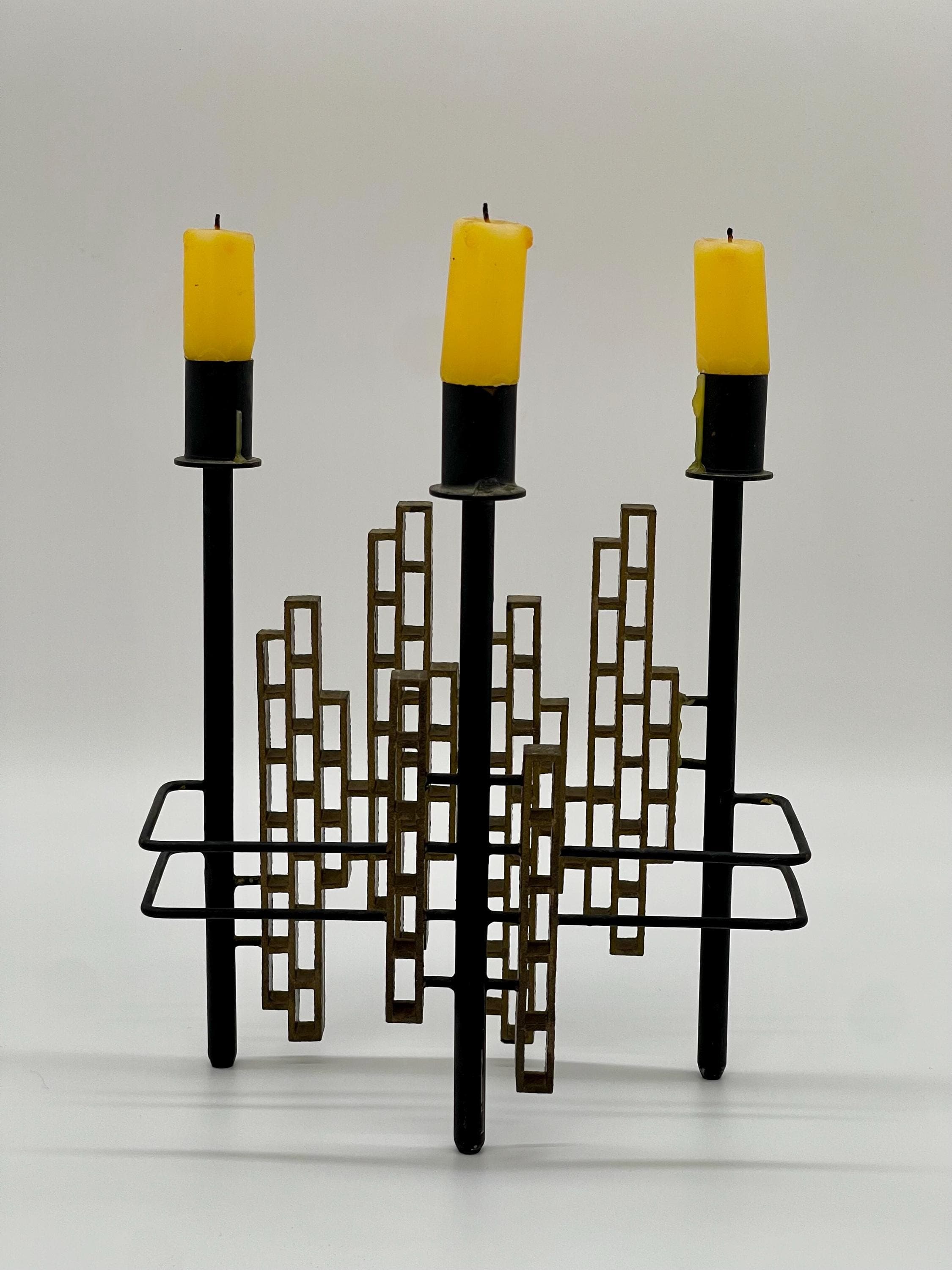 Vintage 1970s Spanish Brutalist Iron & Brass Grid Candelabra – Tiered Cityscape Design, 8.6" (22 cm) - Thumbnail 4