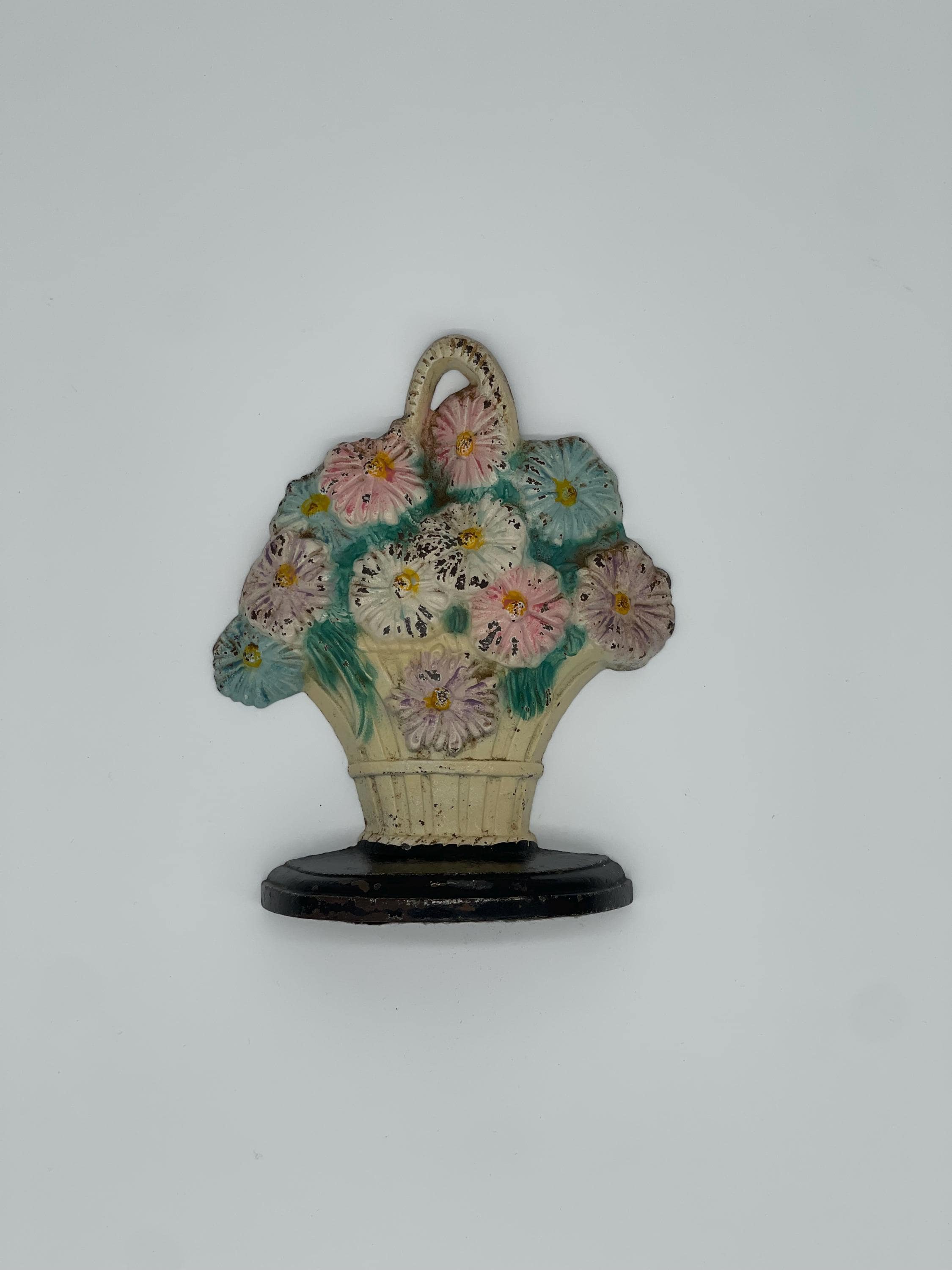Antique Hubley Daisy Flower Pot Doorstop, Original Paint Cast Iron, 1930s Floral (Hubley #344)