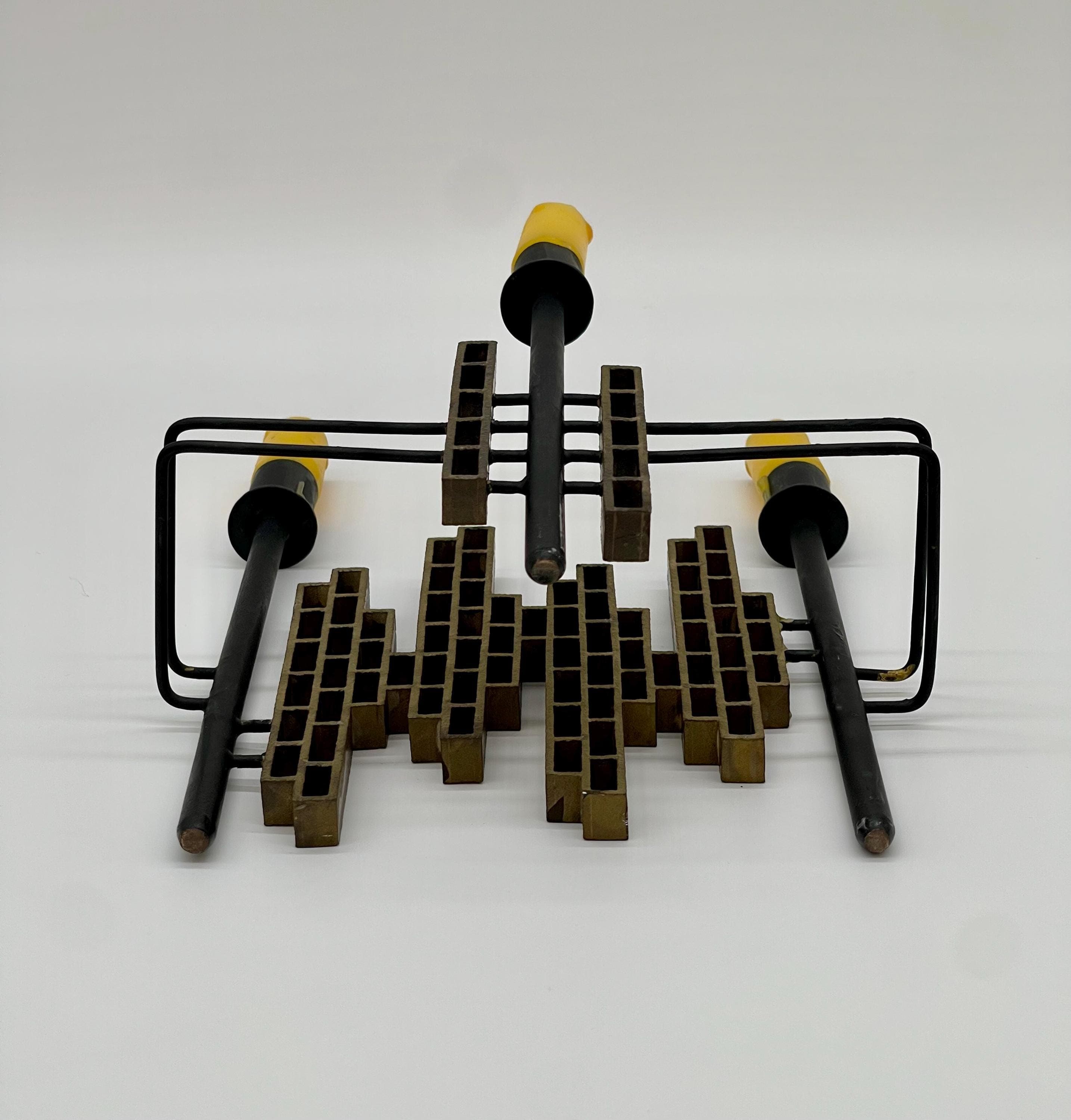 Vintage 1970s Spanish Brutalist Iron & Brass Grid Candelabra – Tiered Cityscape Design, 8.6" (22 cm) - Thumbnail 13
