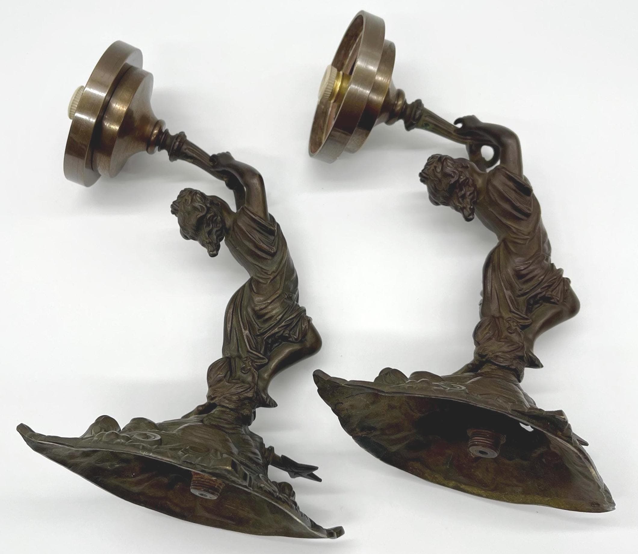 Antique Bronze Nymph Sconces, Neoclassical Wall Lights, Etched Glass Globes - Thumbnail 3