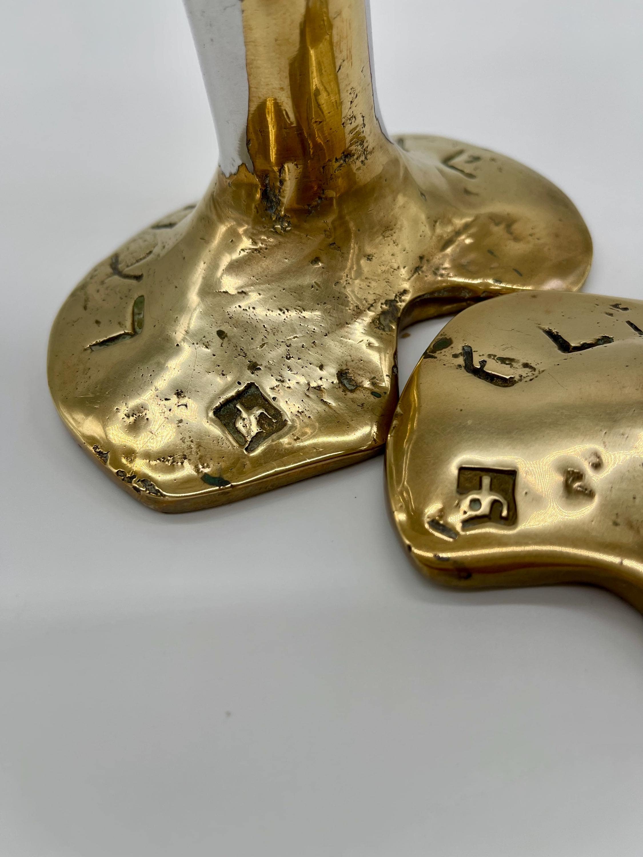 David Marshall Brutalist Candlesticks, Spanish Cast Solid Brass & Aluminum Pair - Thumbnail 3