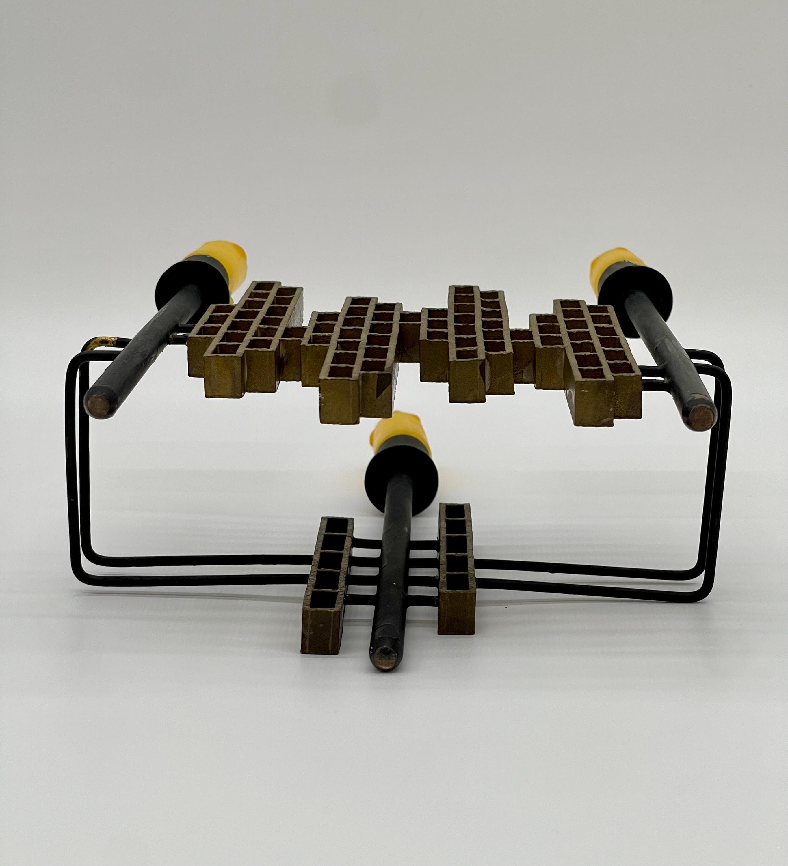 Vintage 1970s Spanish Brutalist Iron & Brass Grid Candelabra – Tiered Cityscape Design, 8.6" (22 cm) - Thumbnail 14