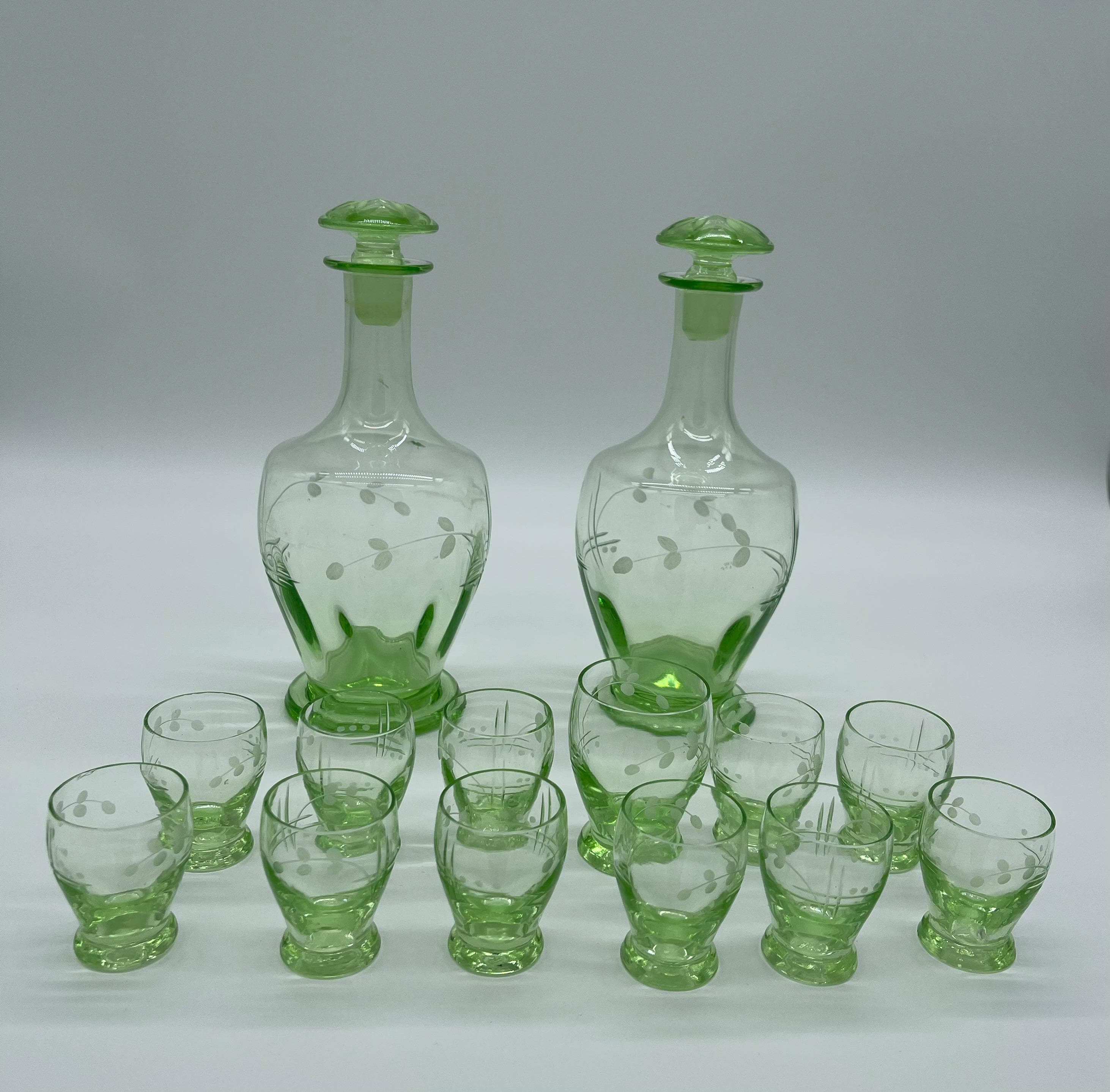 Antique Bohemian Vaseline Glass Decanter Set, Art Deco Liquor Glasses, UV Glowing Set - Thumbnail 7