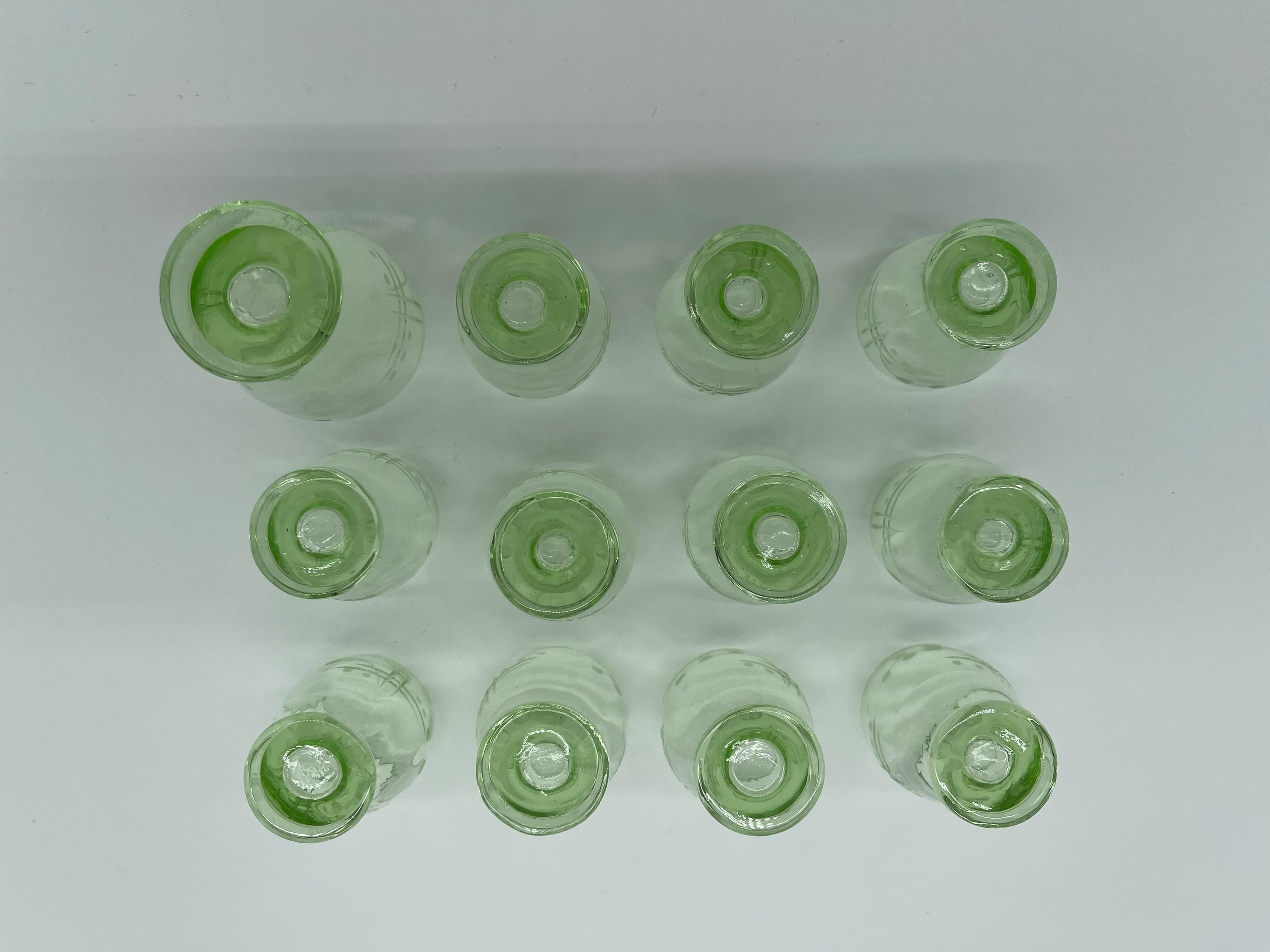 Antique Bohemian Vaseline Glass Decanter Set, Art Deco Liquor Glasses, UV Glowing Set - Thumbnail 10