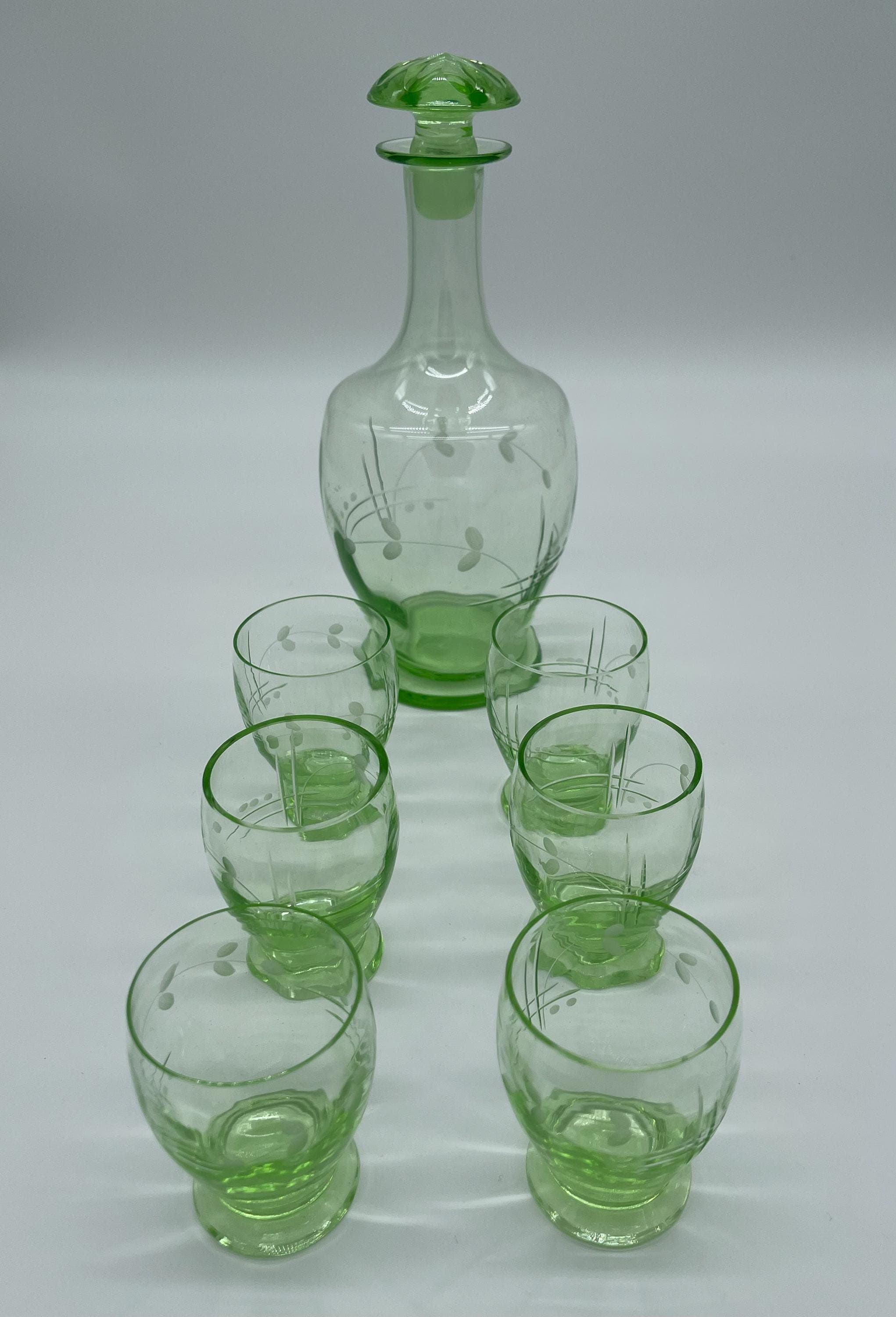 Antique Bohemian Vaseline Glass Decanter Set, Art Deco Liquor Glasses, UV Glowing Set - Thumbnail 6