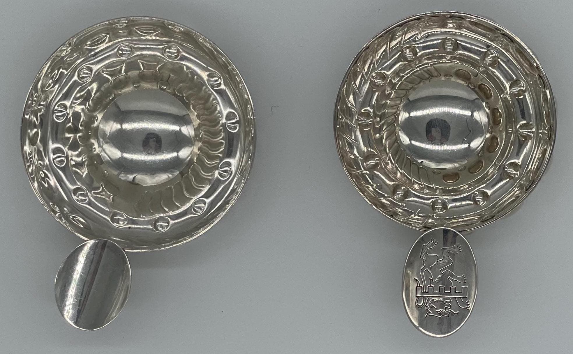 Vintage European Tastevin Set, Ornate Repoussé Silver, Heraldic Lion Sommelier Cups - Thumbnail 4
