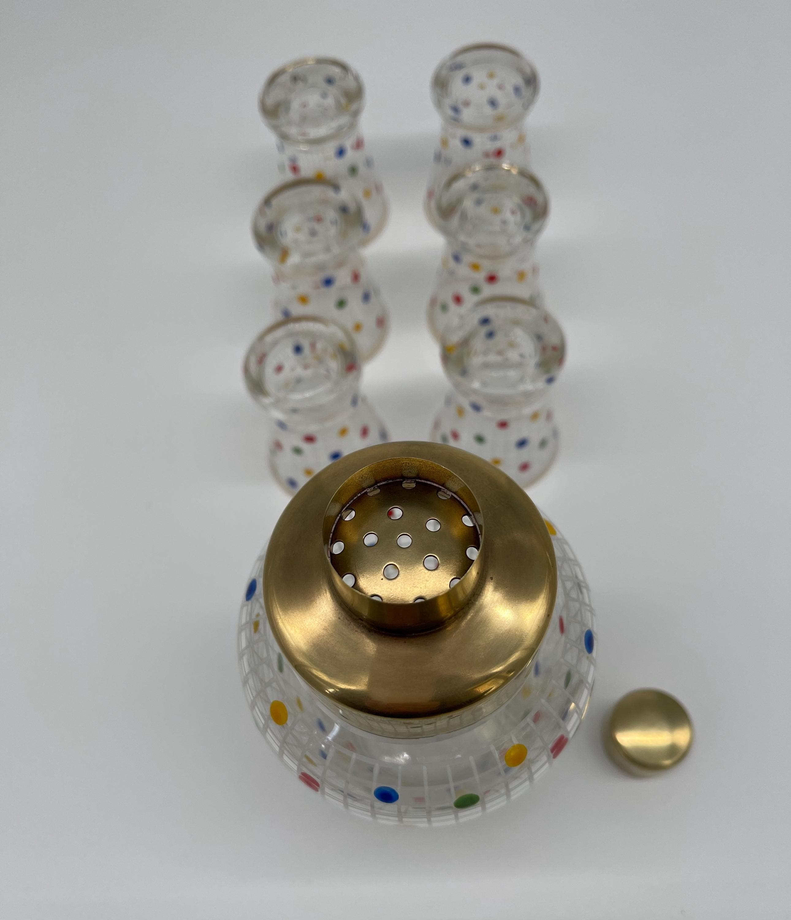 1960s Czech Cocktail Shaker Set, 24k Cased Gold, Hand-Painted Enamel MCM Barware - Thumbnail 8