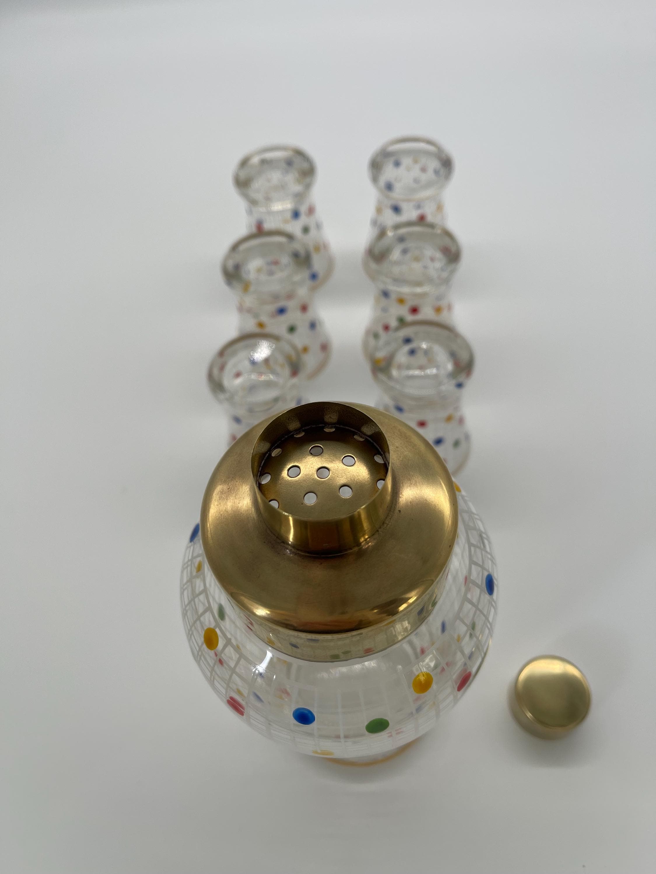 1960s Czech Cocktail Shaker Set, 24k Cased Gold, Hand-Painted Enamel MCM Barware - Thumbnail 9